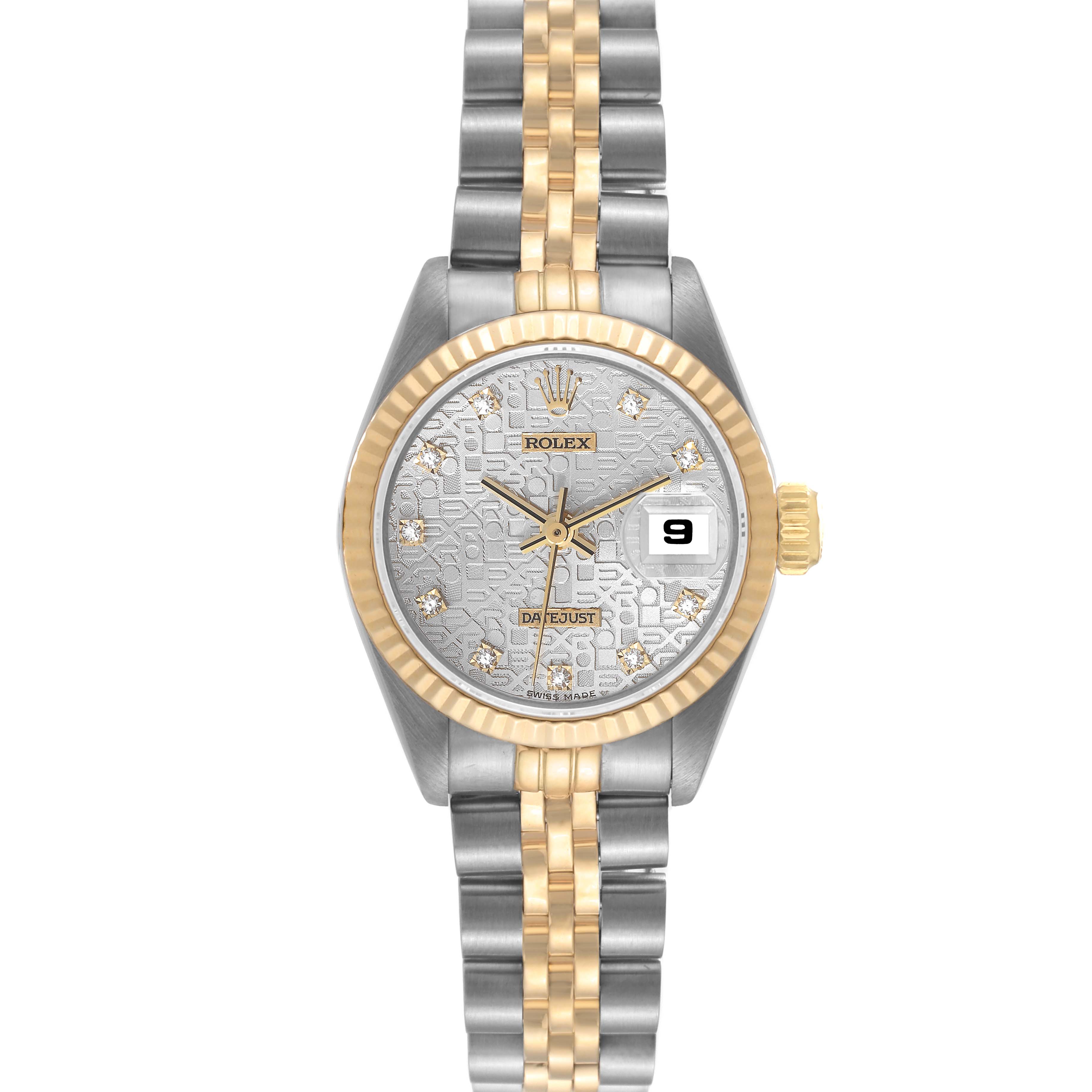 The image shows a front view of a Rolex Datejust 69173 Women's Steel and Gold (two tone) Silver Dial 69173 Women's Steel and Gold (two tone) Silver Dial watch, highlighting its face, bezel, crown, and two-tone bracelet.