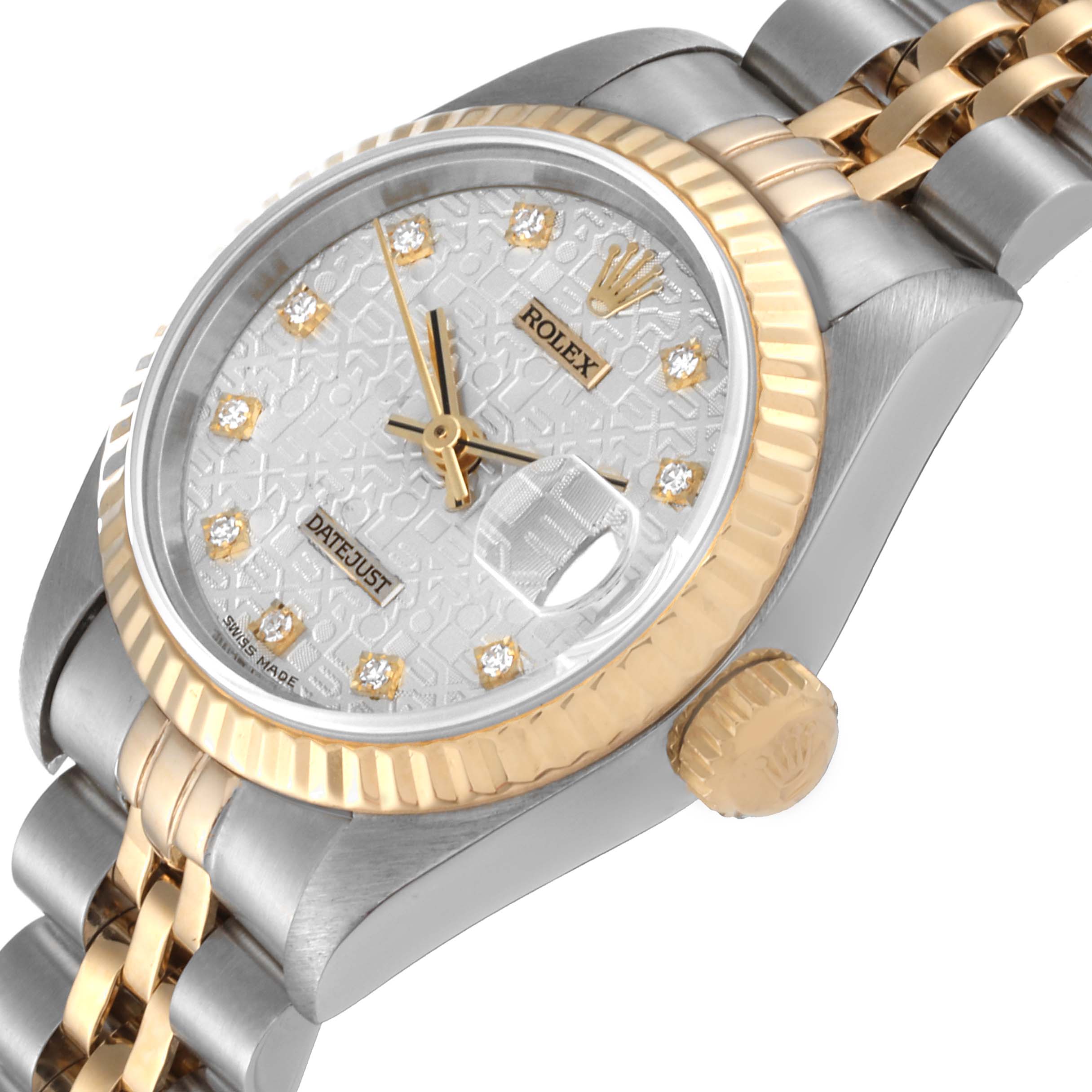 This image shows a close-up angled view of the dial, bezel, and part of the bracelet of a Rolex Datejust 69173 Women's Steel and Gold (two tone) Silver Dial 69173 Women's Steel and Gold (two tone) Silver Dial watch.