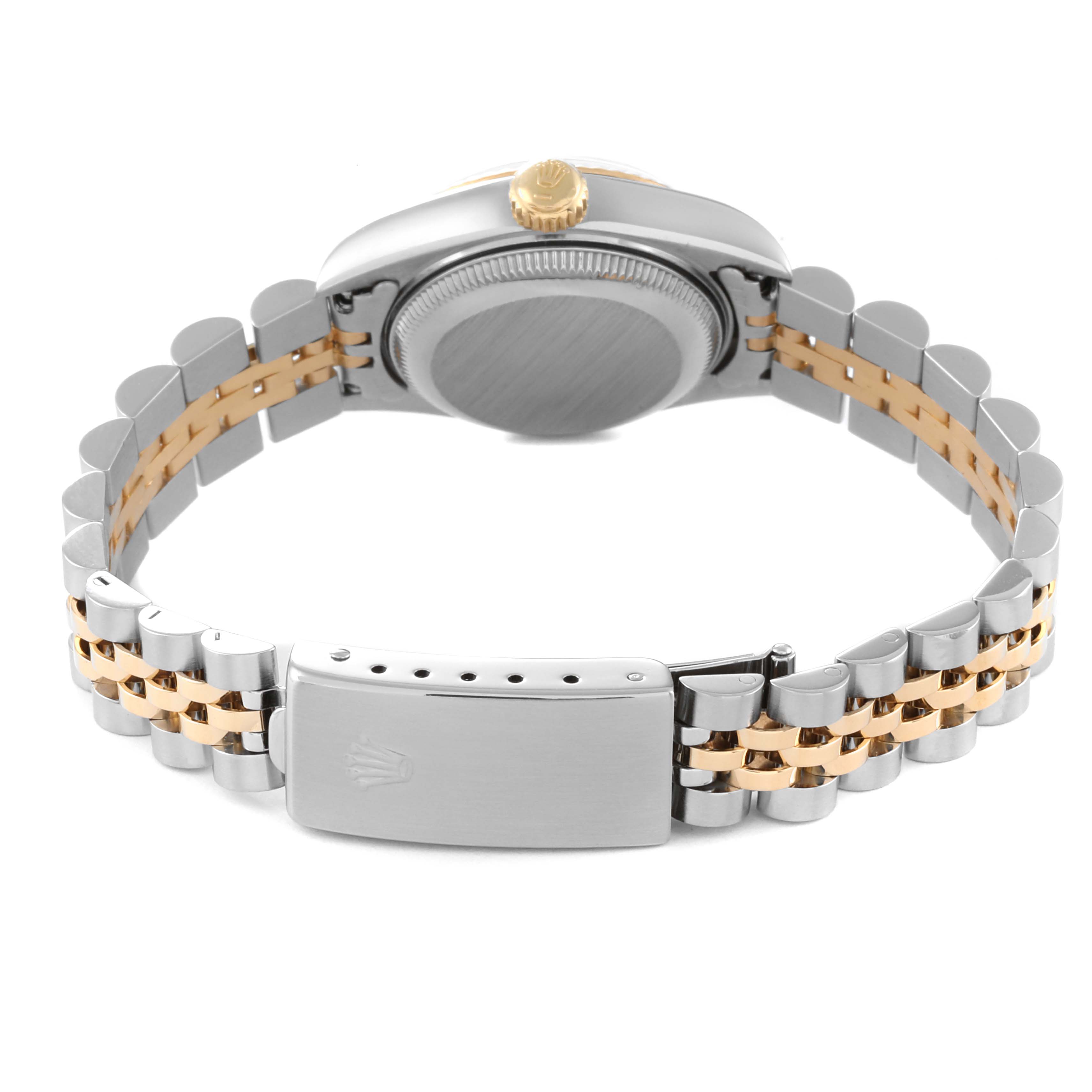 This image shows the back and clasp of a Rolex Datejust 69173 Women's Steel and Gold (two tone) Silver Dial 69173 Women's Steel and Gold (two tone) Silver Dial watch, displaying its two-tone bracelet and case back.
