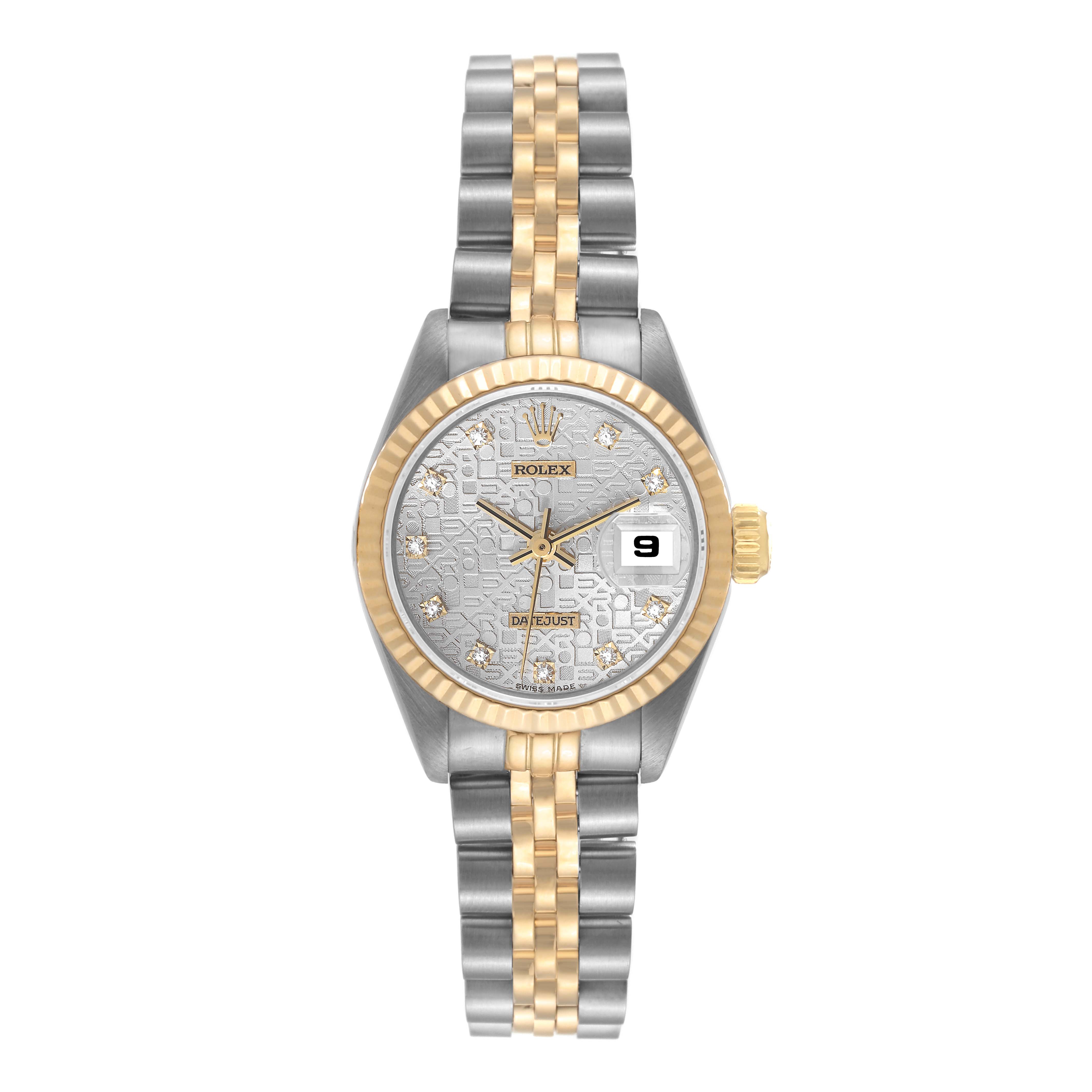 This is a front view of a Rolex Datejust 69173 Women's Steel and Gold (two tone) Silver Dial 69173 Women's Steel and Gold (two tone) Silver Dial watch displaying the face, bezel, crown, and bracelet.