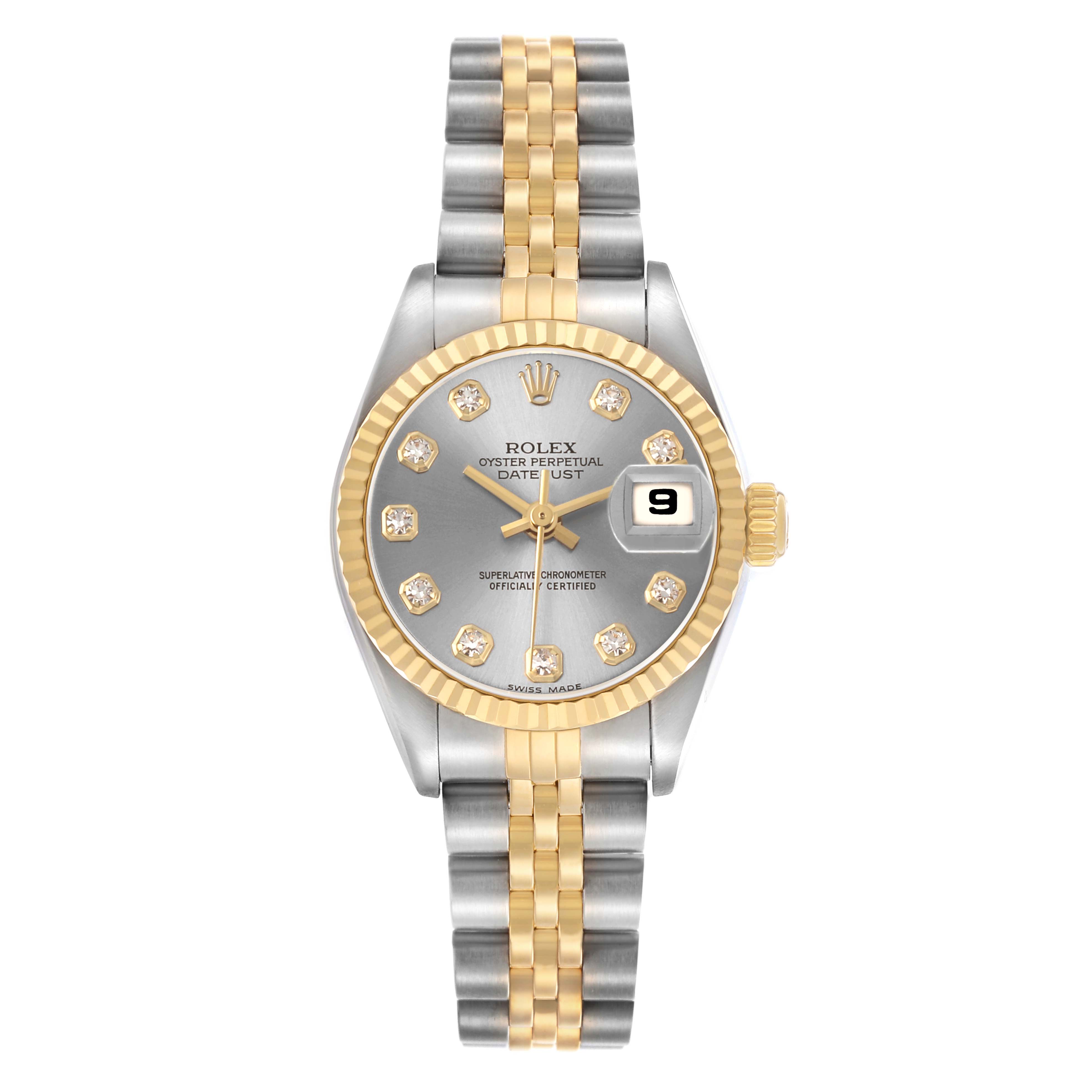 The Rolex Datejust 79173 Women's Steel and Gold (two tone) Silver Dial watch is shown from the front, featuring a silver dial, gold bezel, and two-tone bracelet.