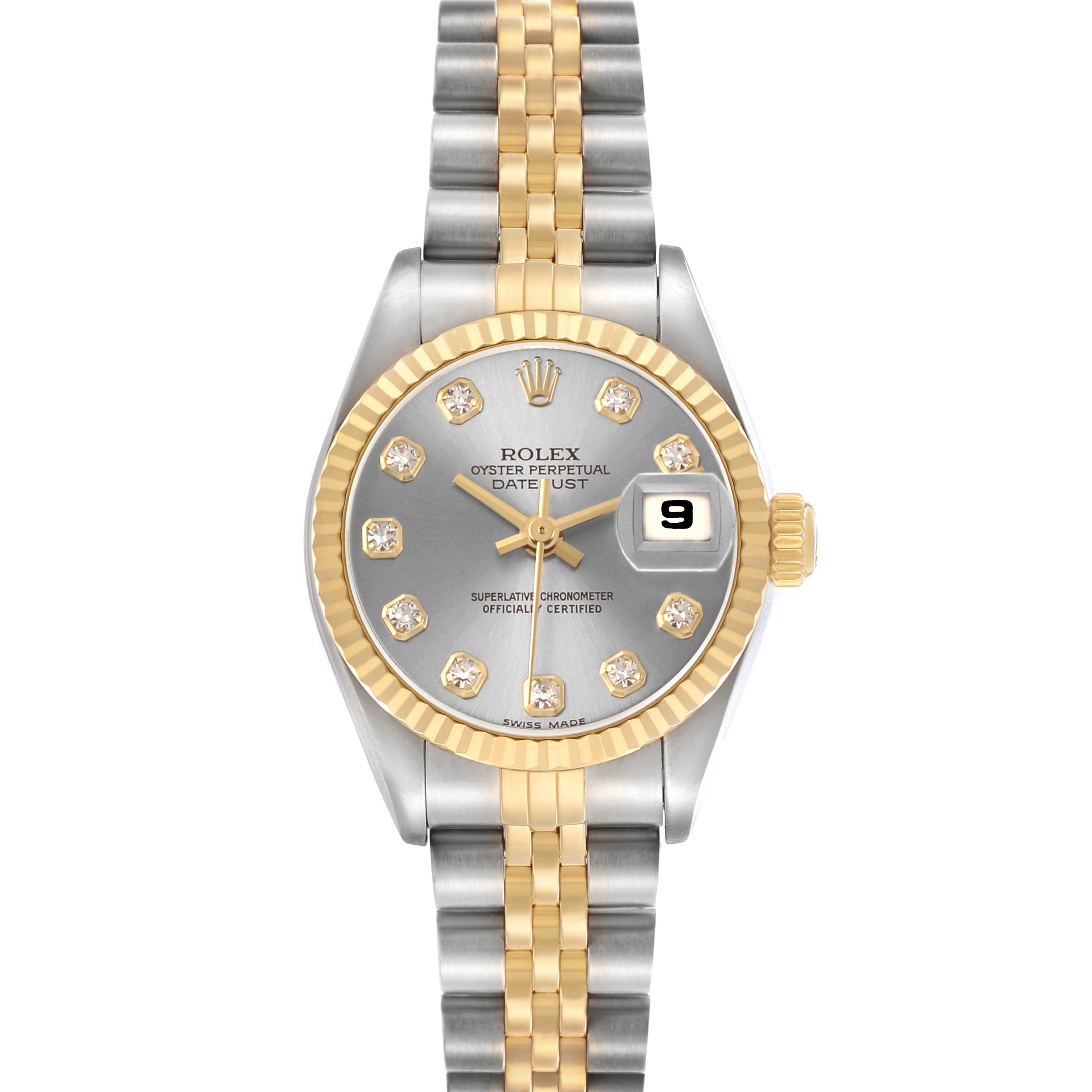The Rolex Datejust 79173 Women's Steel and Gold (two tone) Silver Dial watch is shown from a top view, highlighting its bezel, dial, hands, and bracelet.
