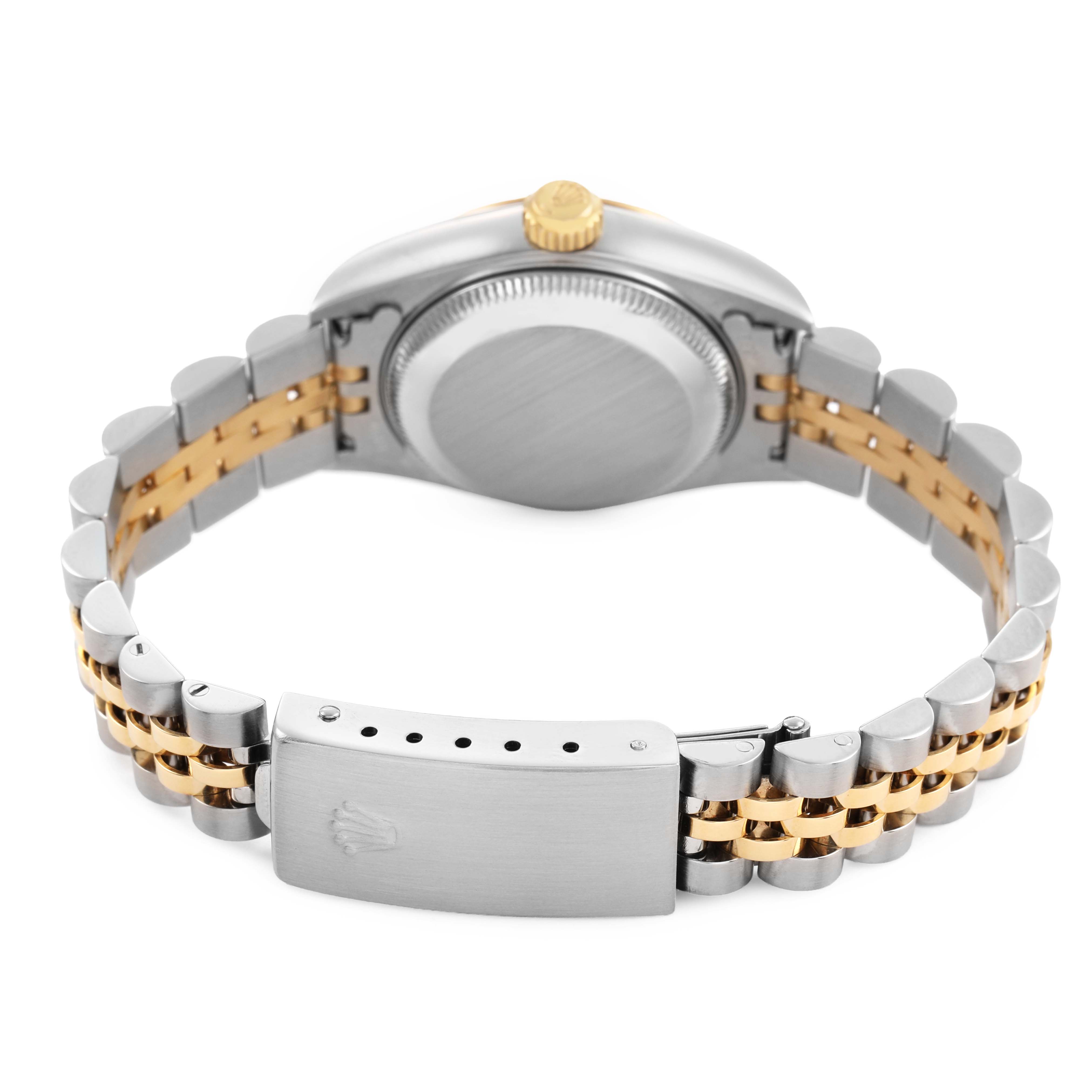 The image shows the back of a Rolex Datejust 79173 Women's Steel and Gold (two tone) Silver Dial, highlighting the clasp, case back, and partial Jubilee bracelet.
