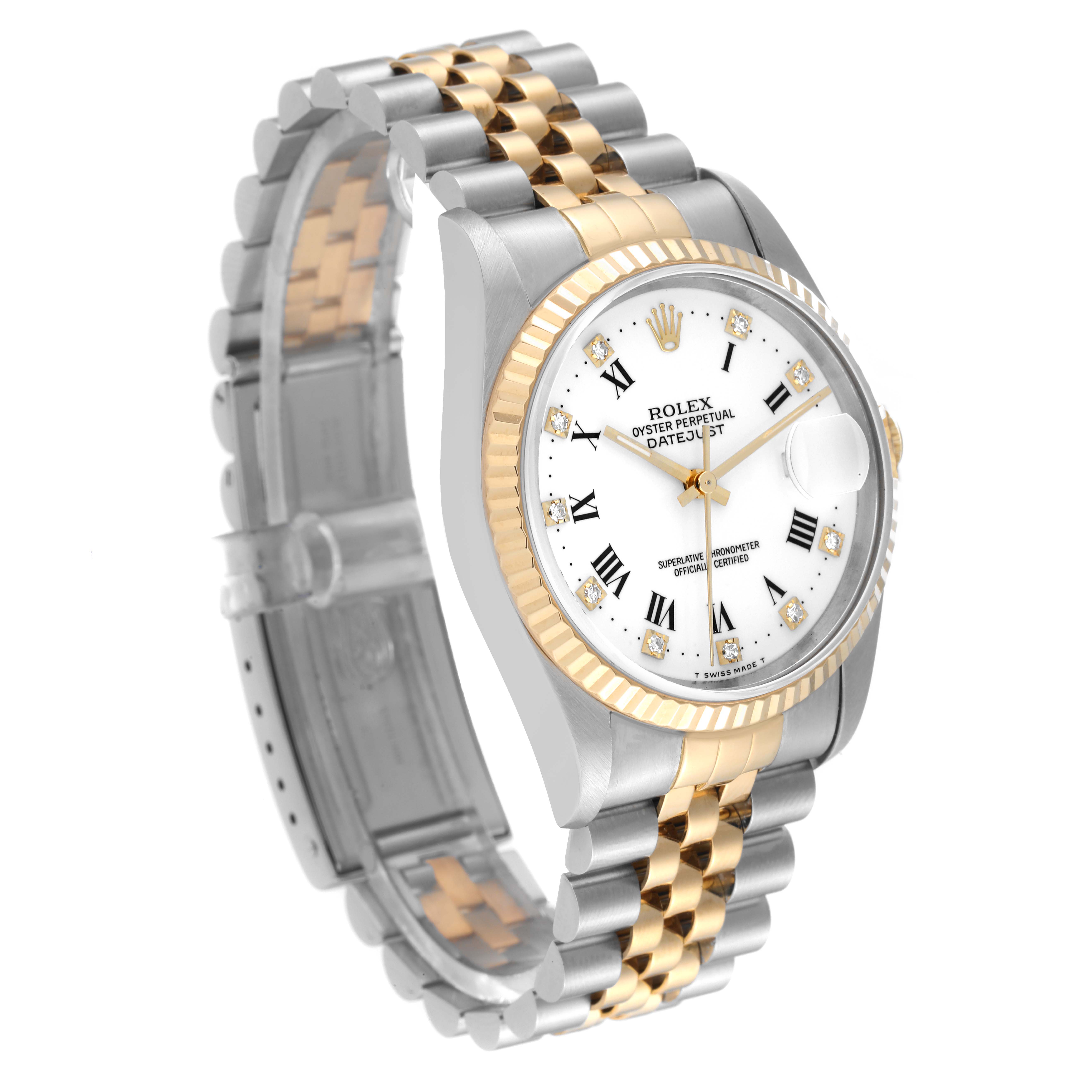 The image shows a Rolex Datejust 16233 Men's Steel and Gold (two tone) White Dial 16233 Men's Steel and Gold (two tone) White Dial watch at a three-quarter angle, highlighting its gold and silver jubilee bracelet and fluted bezel.