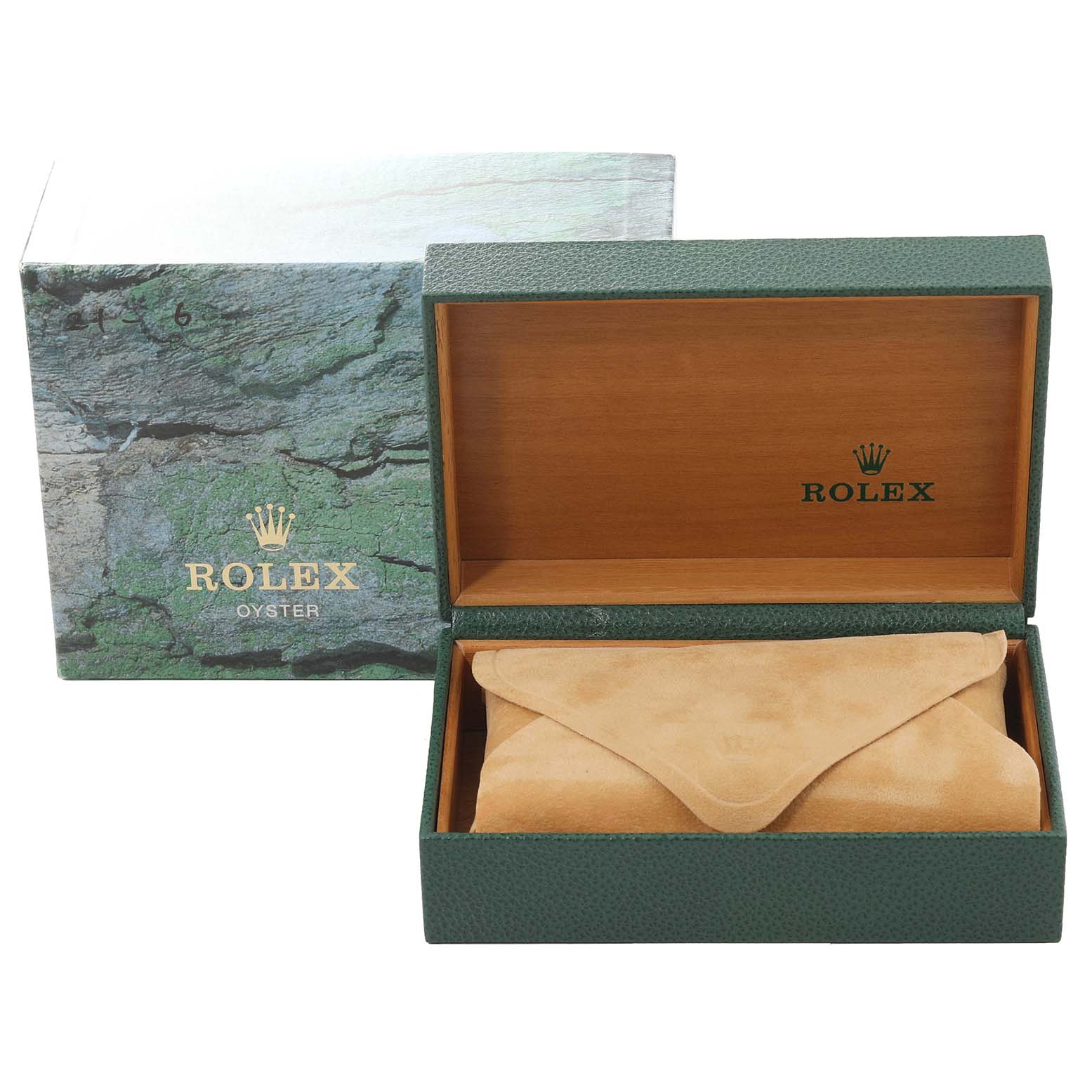 The image shows the Rolex Datejust 16233 Men's Steel and Gold (two tone) White Dial 16233 Men's Steel and Gold (two tone) White Dial watch packaging, including the outer box, inner box, and a protective suede pouch.