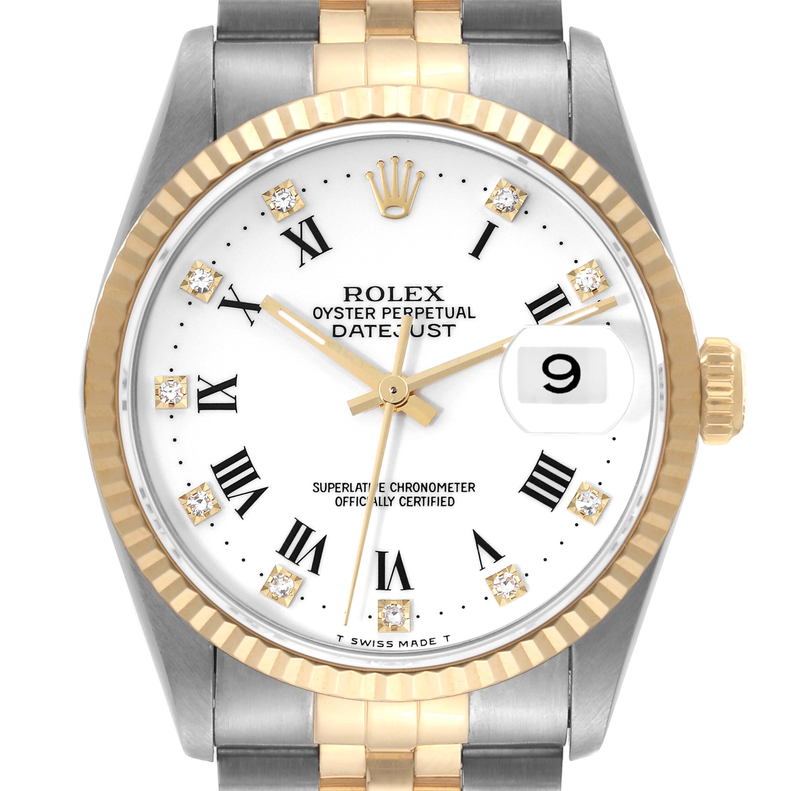 The image shows a close-up of the dial and bezel of a Rolex Datejust 16233 Men's Steel and Gold (two tone) White Dial 16233 Men's Steel and Gold (two tone) White Dial watch, displaying its face, hands, and part of the bracelet.