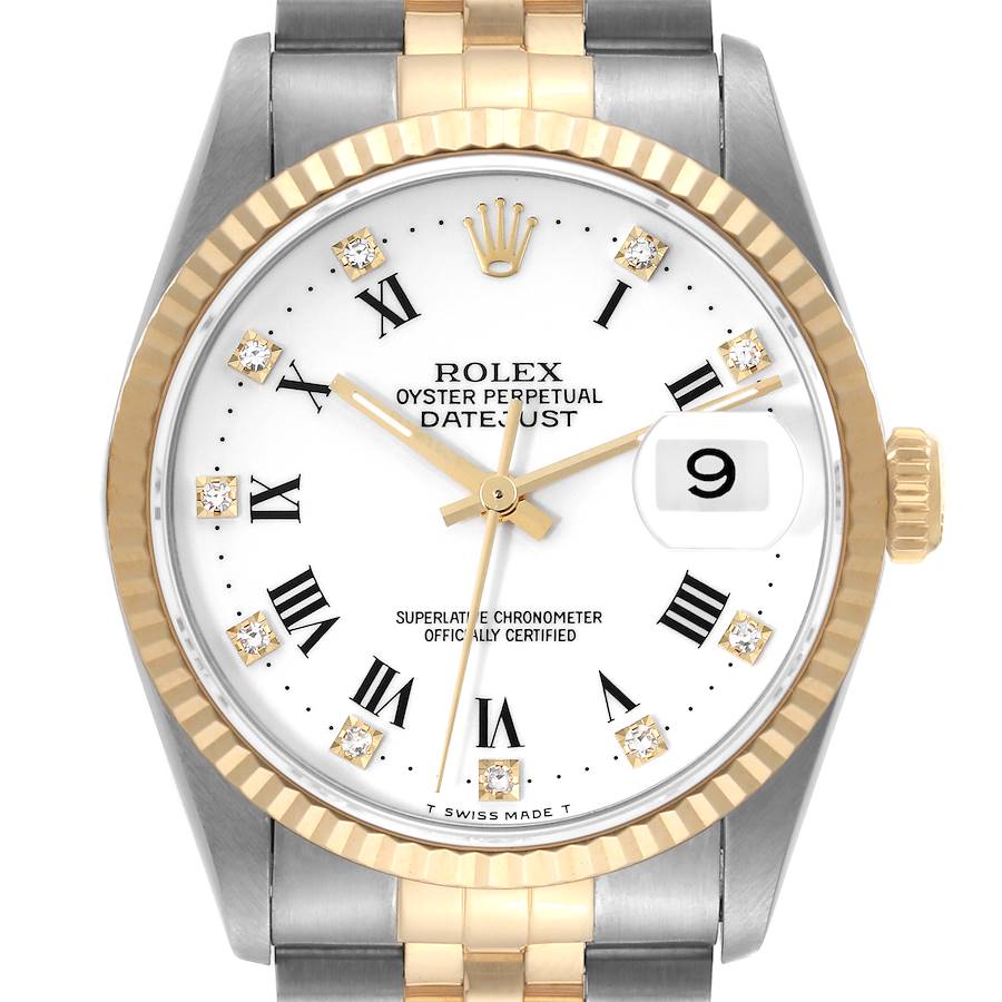 Rolex Datejust Steel Yellow Gold White Diamond Dial Mens Watch 16233 SwissWatchExpo