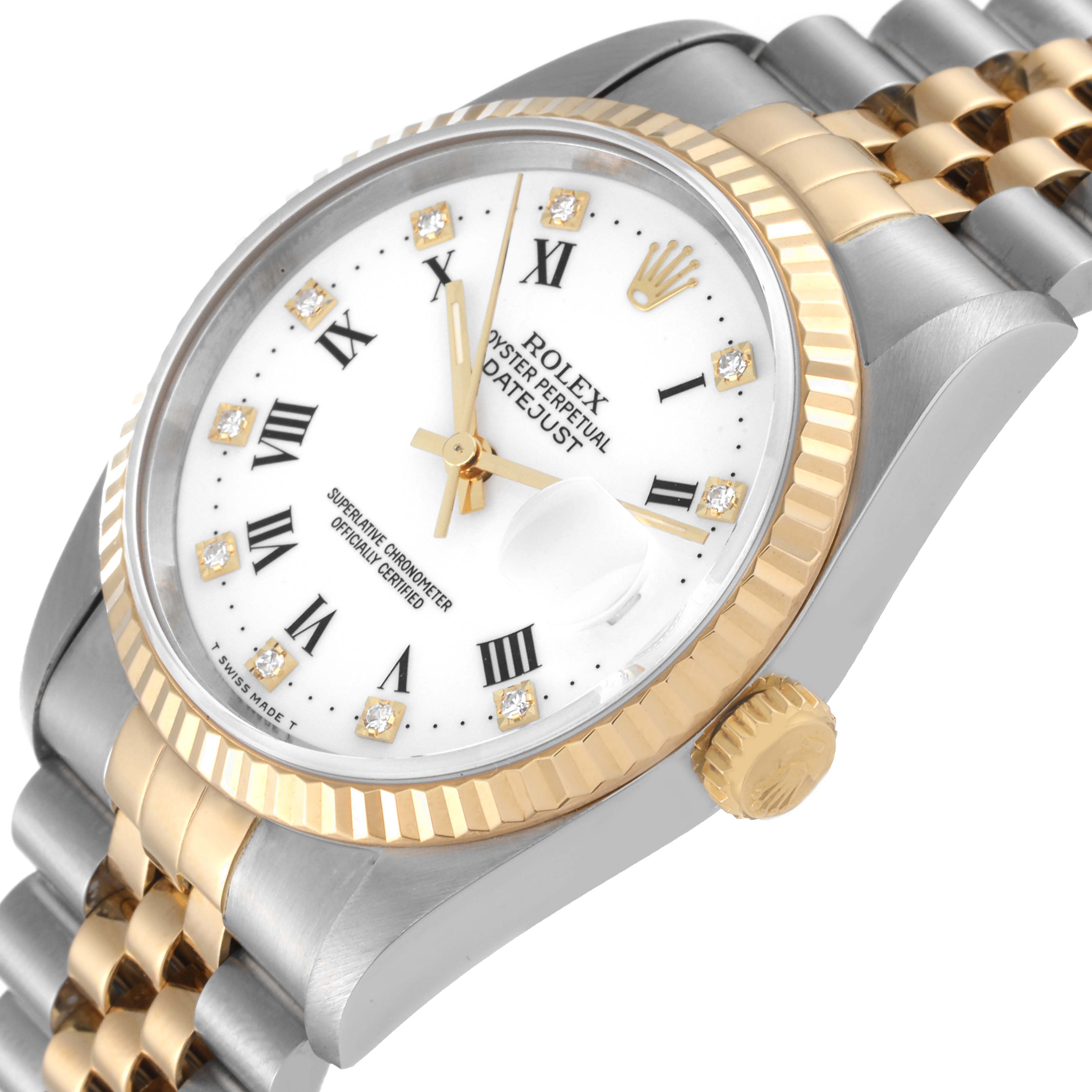 This image shows a close-up side angle of the Rolex Datejust 16233 Men's Steel and Gold (two tone) White Dial 16233 Men's Steel and Gold (two tone) White Dial watch, highlighting the dial, bezel, crown, and part of the bracelet.