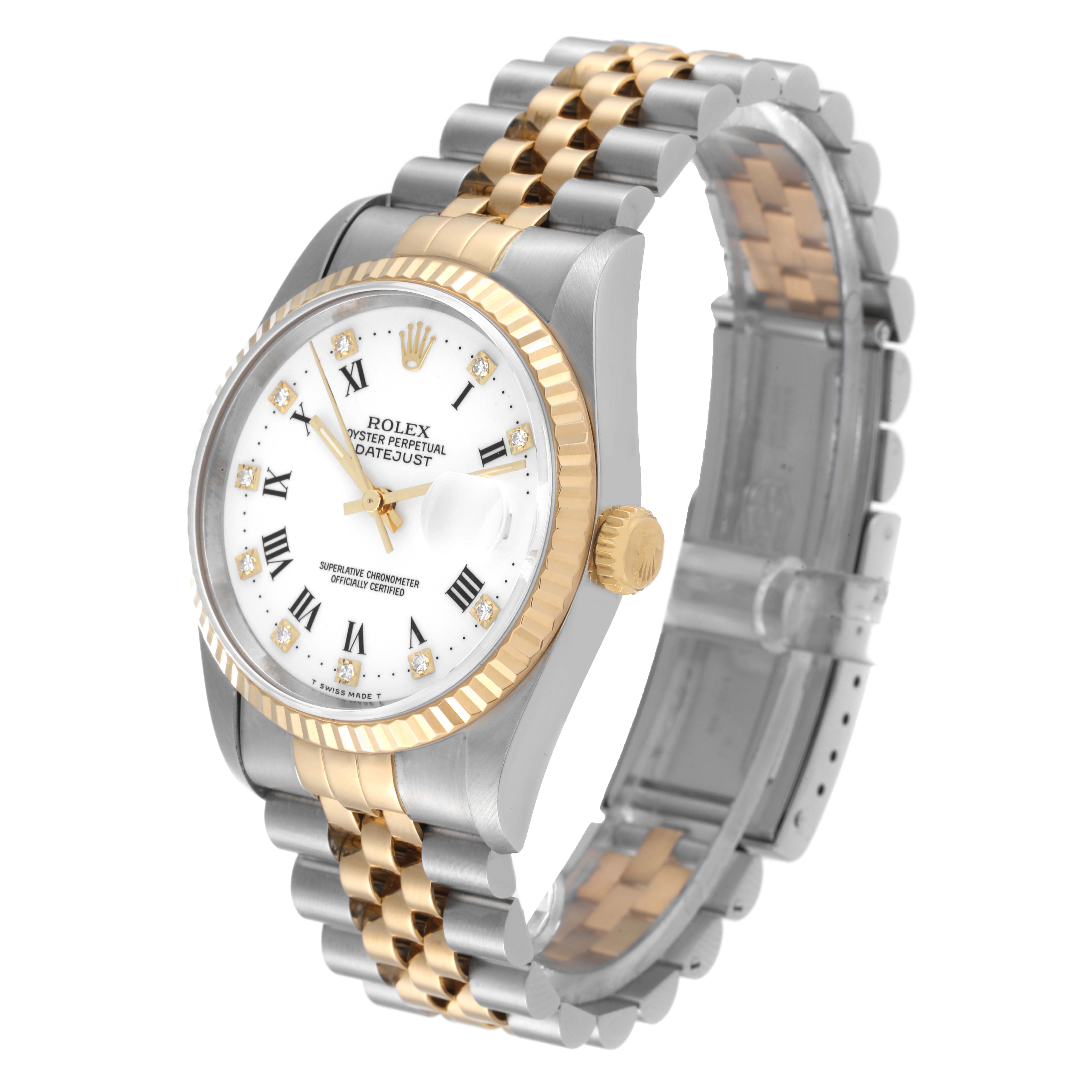 The Rolex Datejust 16233 Men's Steel and Gold (two tone) White Dial 16233 Men's Steel and Gold (two tone) White Dial watch is shown at a three-quarter angle, displaying the bracelet, dial, bezel, and crown.
