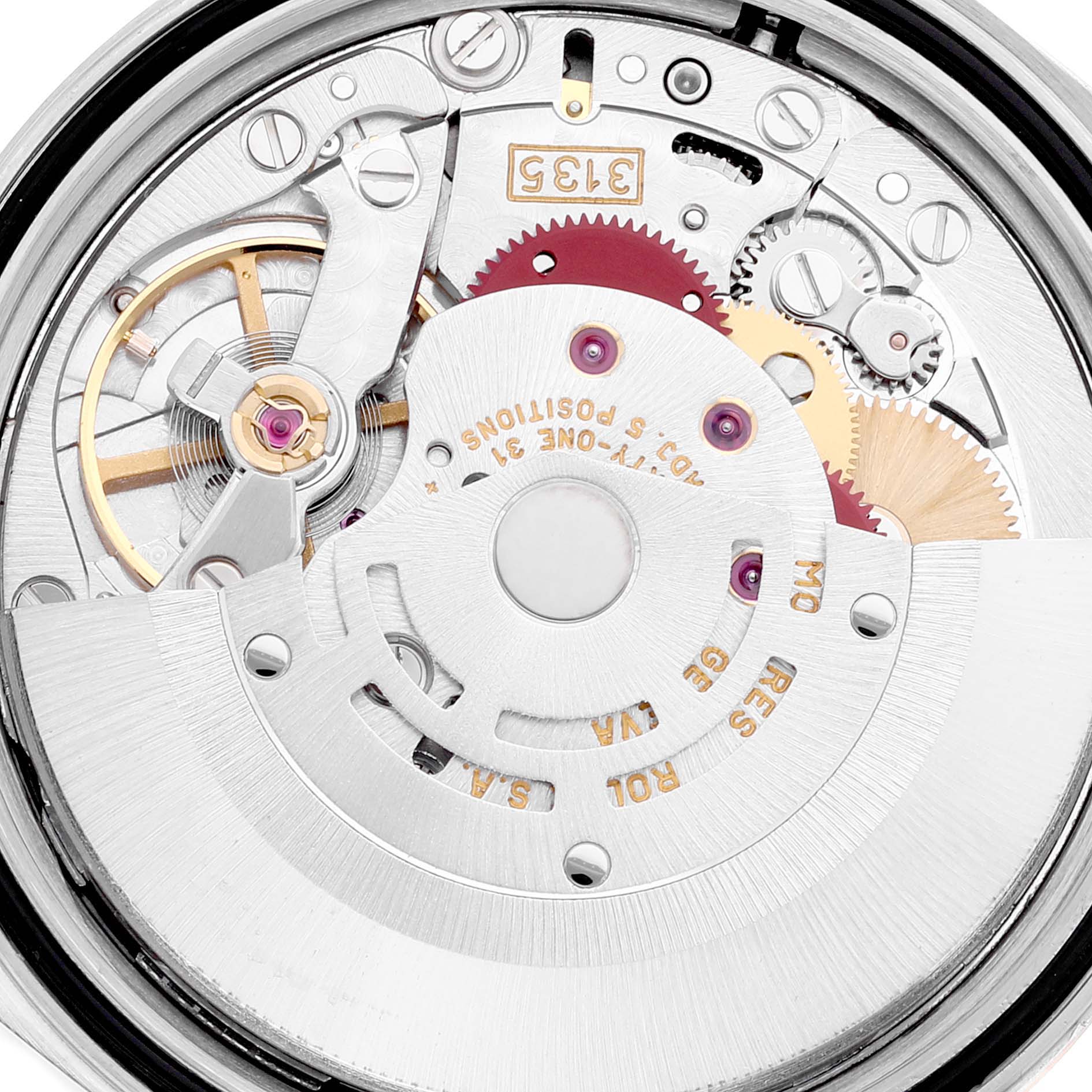 This image shows the internal movement mechanism of a Rolex Datejust 16233 Men's Steel and Gold (two tone) White Dial 16233 Men's Steel and Gold (two tone) White Dial model, viewed from the back.