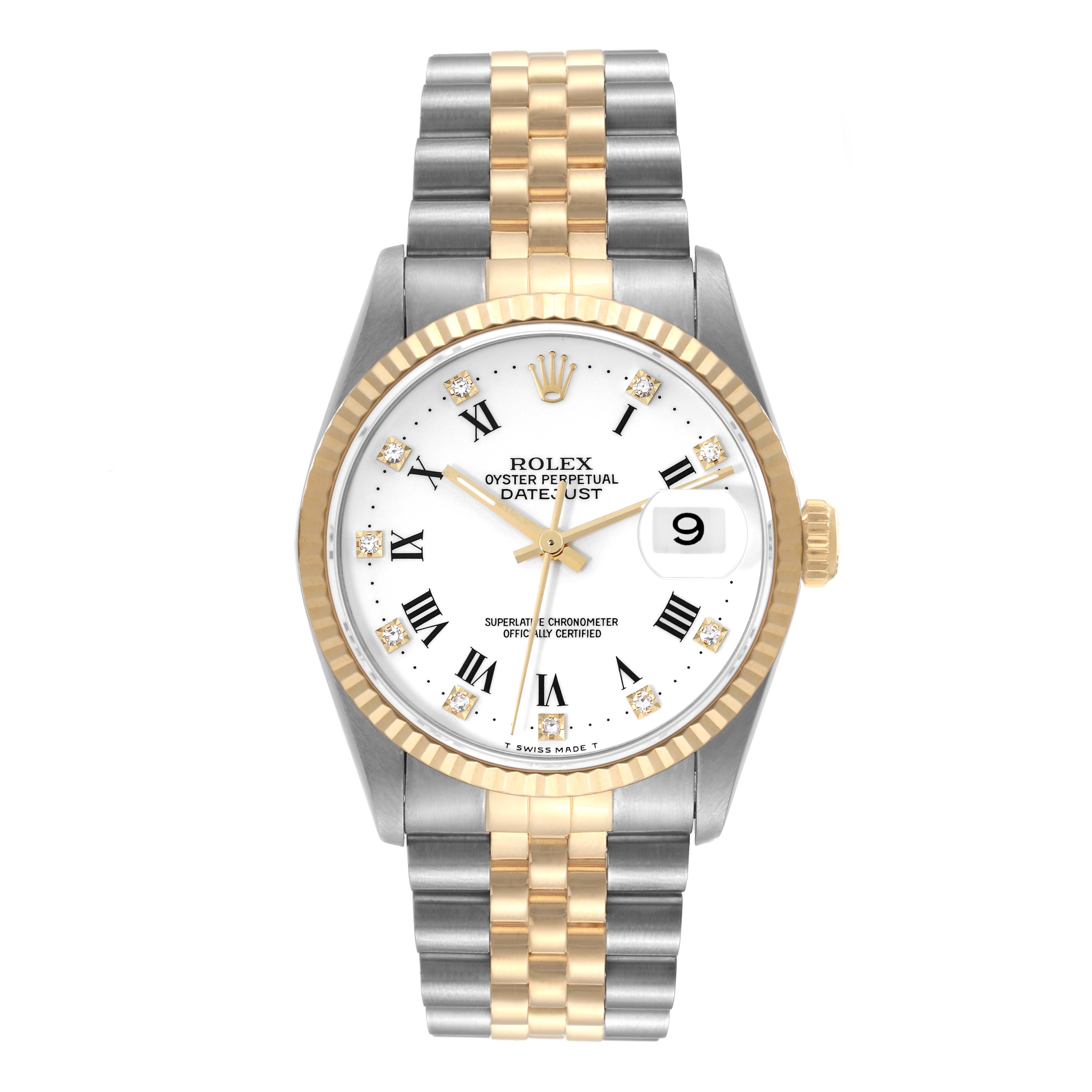 This image shows a Rolex Datejust 16233 Men's Steel and Gold (two tone) White Dial 16233 Men's Steel and Gold (two tone) White Dial watch front view, highlighting the dial, bezel, bracelet, and date window.