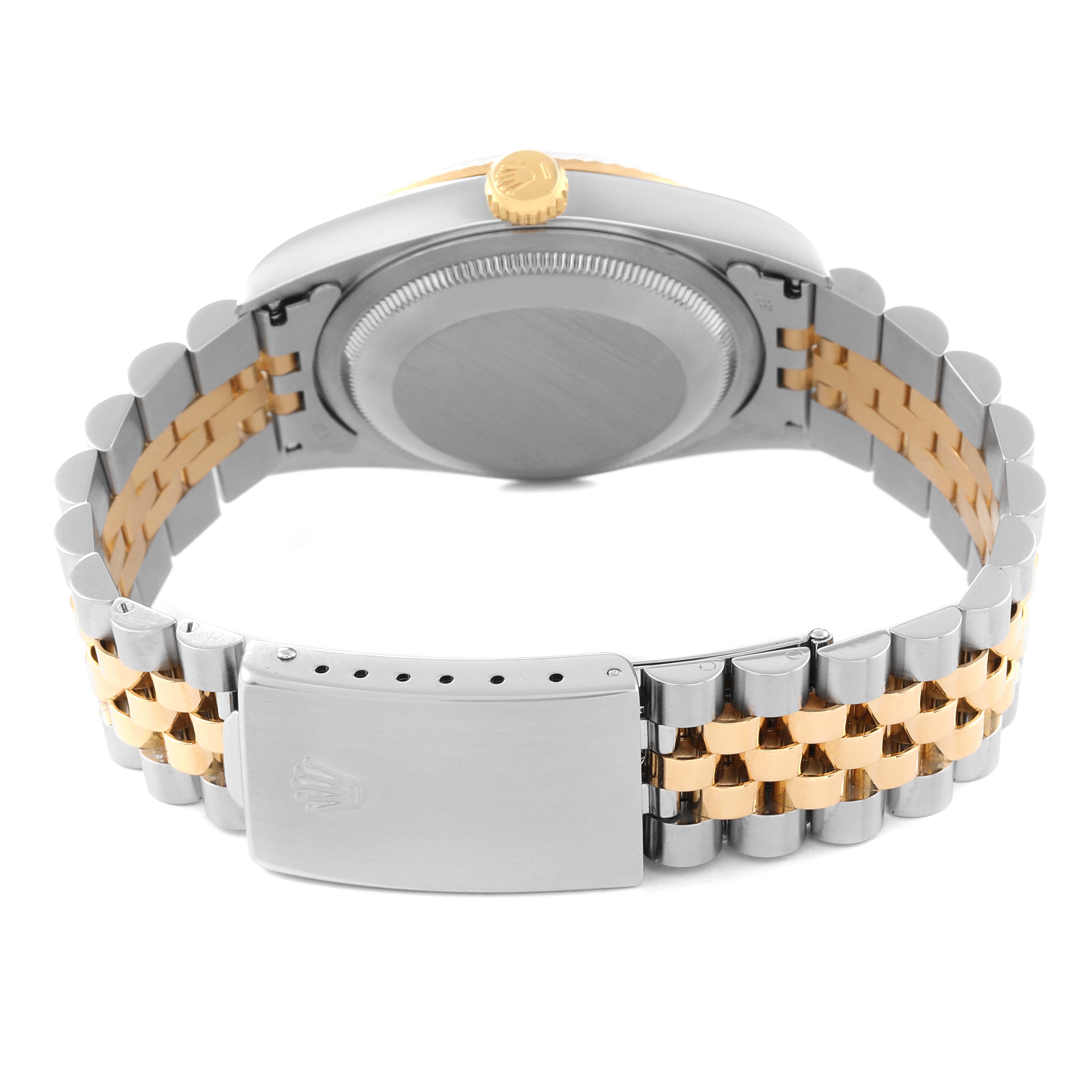The image shows the back view of a Rolex Datejust 16233 Men's Steel and Gold (two tone) White Dial 16233 Men's Steel and Gold (two tone) White Dial watch, highlighting the case back, crown, and the two-tone bracelet and clasp.