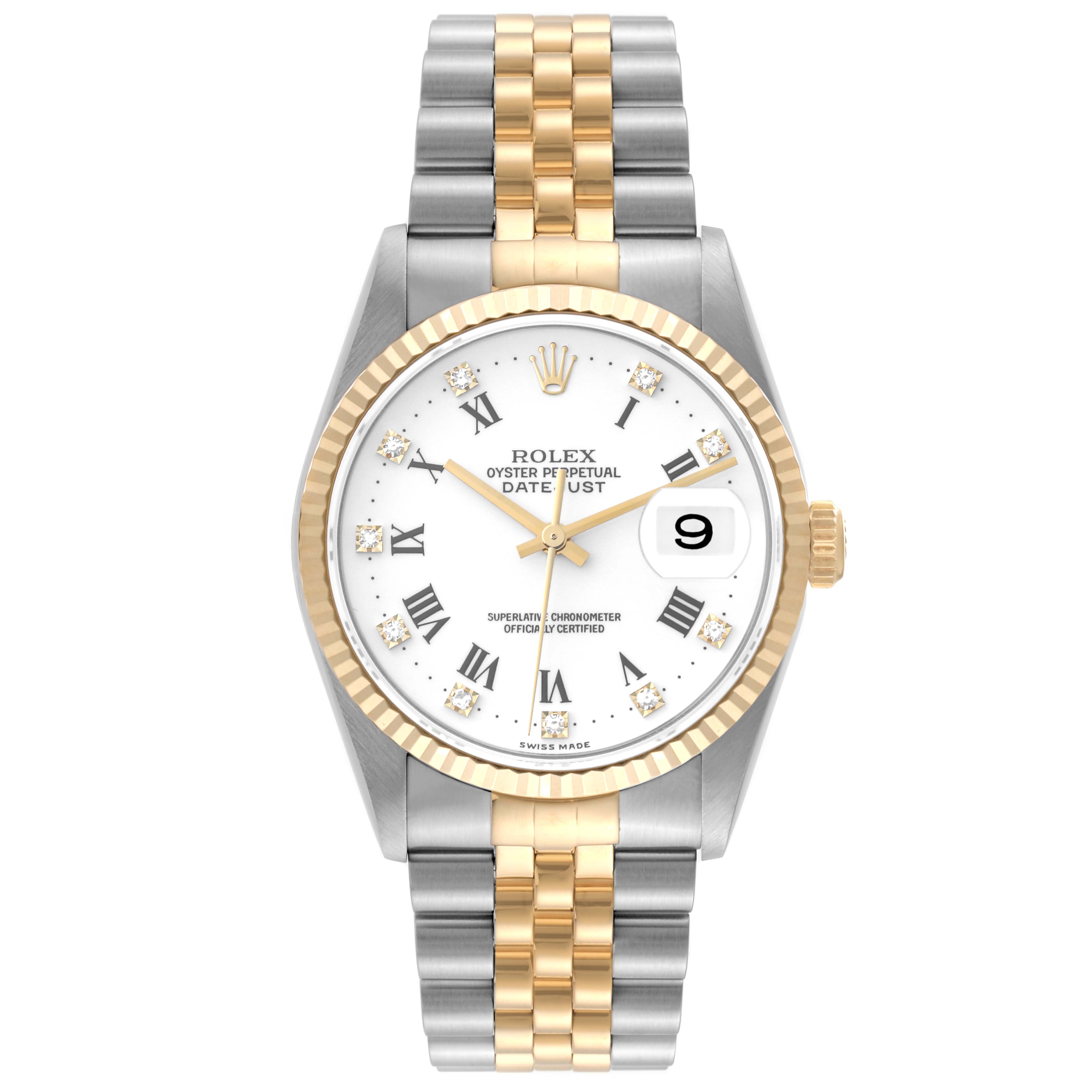 The image shows a front view of the Rolex Datejust 16233 Men's Steel and Gold (two tone) White Dial 16233 Men's Steel and Gold (two tone) White Dial watch, highlighting its face, bezel, and two-tone bracelet.