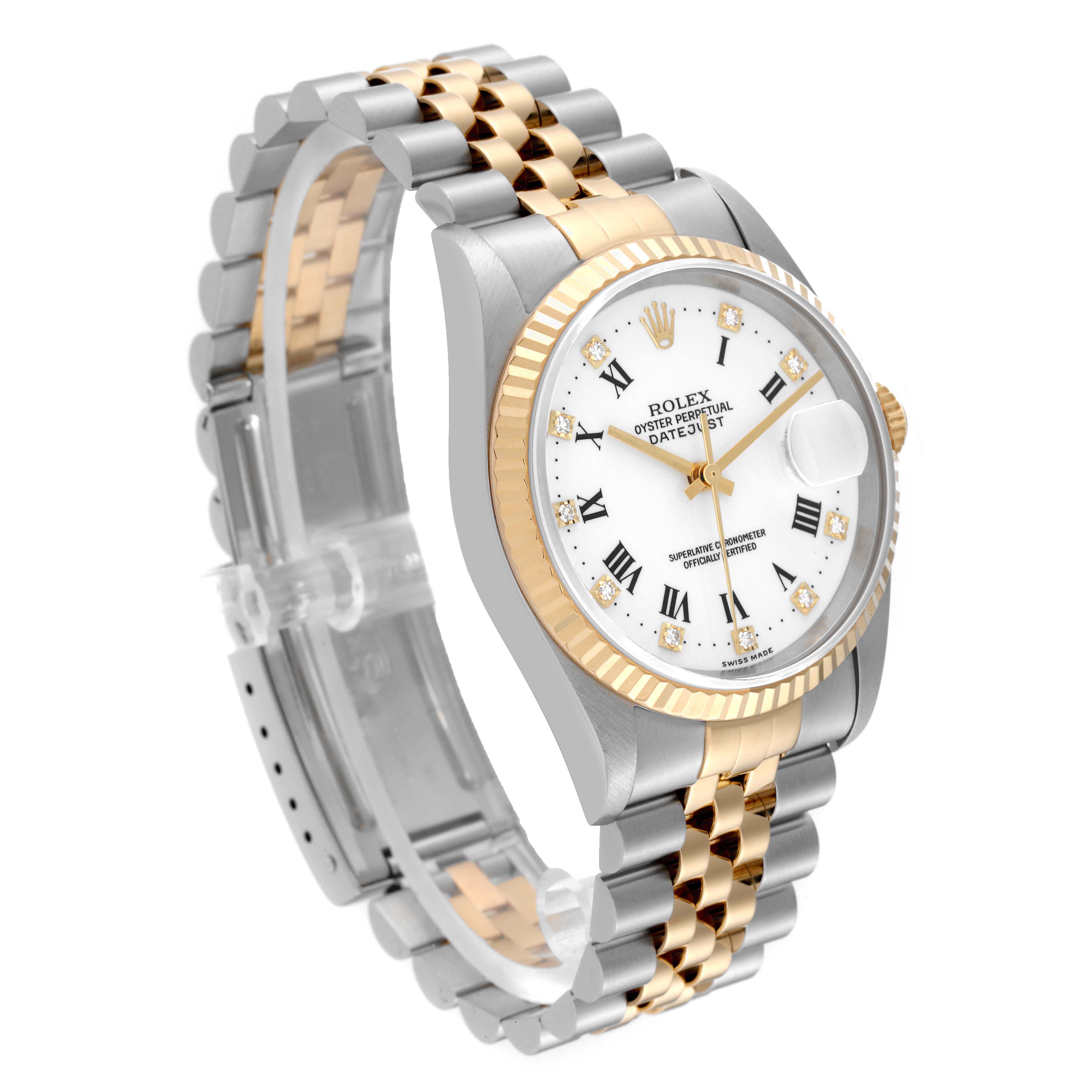 This image shows a Rolex Datejust 16233 Men's Steel and Gold (two tone) White Dial 16233 Men's Steel and Gold (two tone) White Dial watch at a three-quarter angle, highlighting the face, bezel, and two-tone metal bracelet.