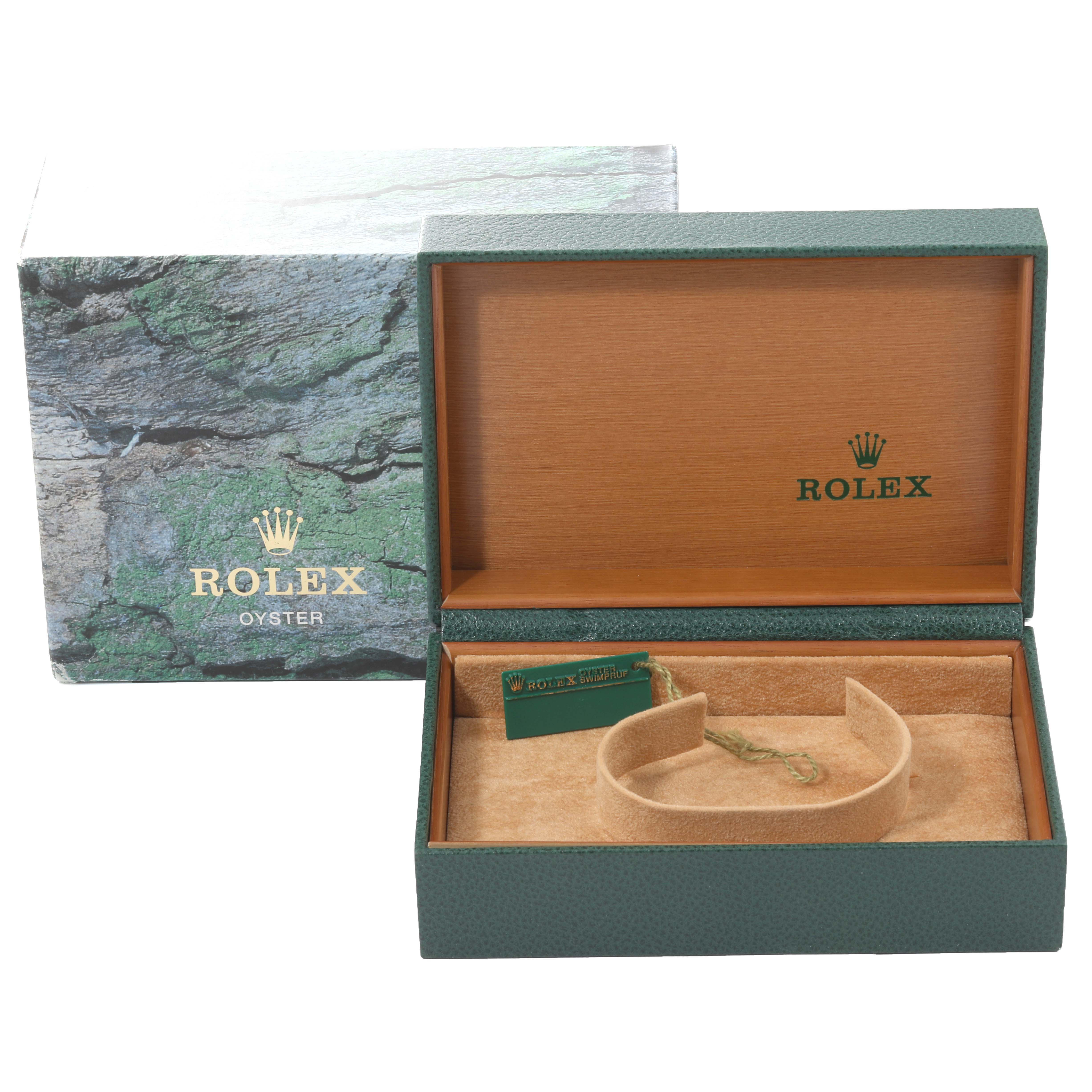 The image shows the box and interior packaging of a Rolex Datejust 16233 Men's Steel and Gold (two tone) White Dial 16233 Men's Steel and Gold (two tone) White Dial watch, including an empty watch cushion and tag.