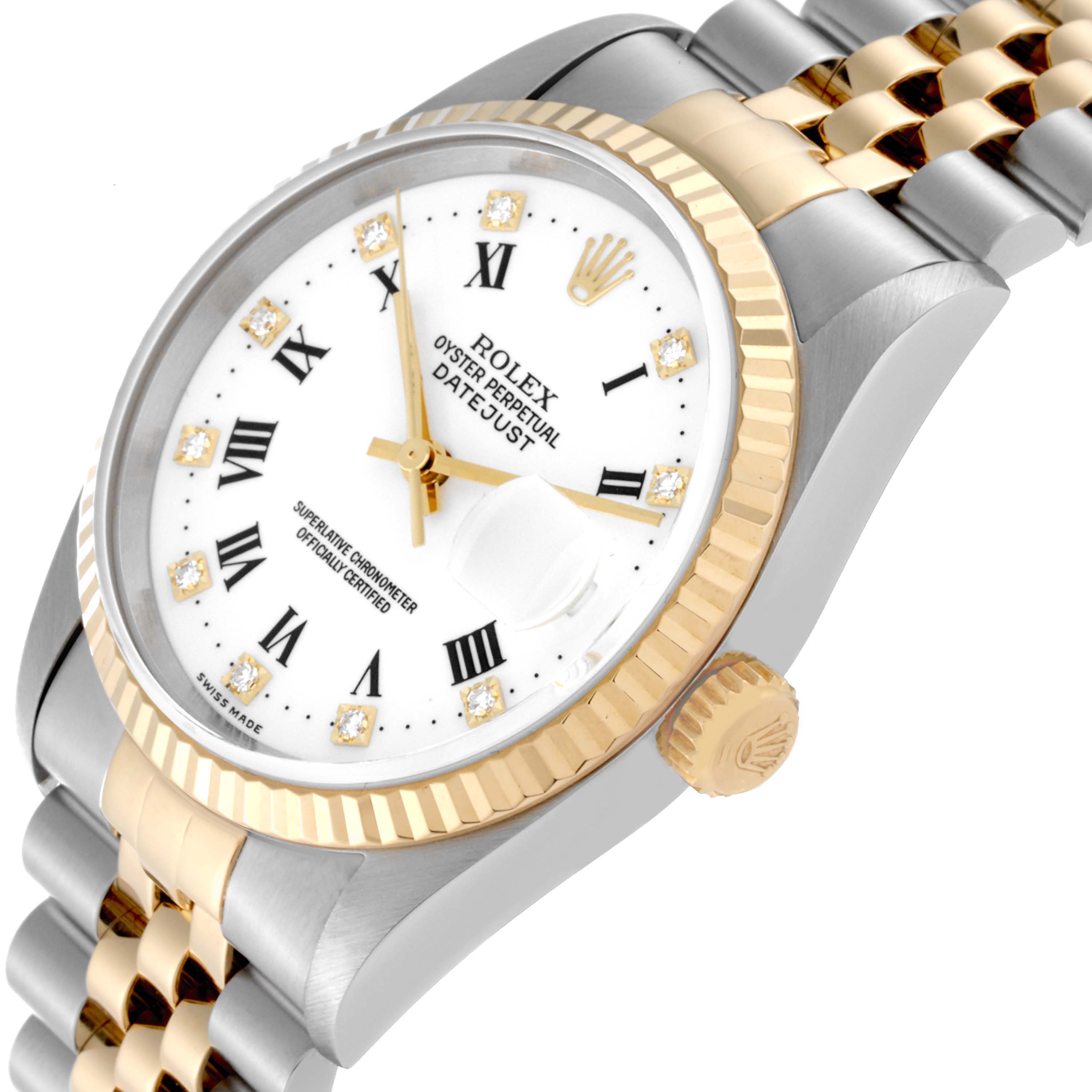This image shows a Rolex Datejust 16233 Men's Steel and Gold (two tone) White Dial 16233 Men's Steel and Gold (two tone) White Dial watch at an angled top-down view, highlighting the dial, bezel, and part of the bracelet.