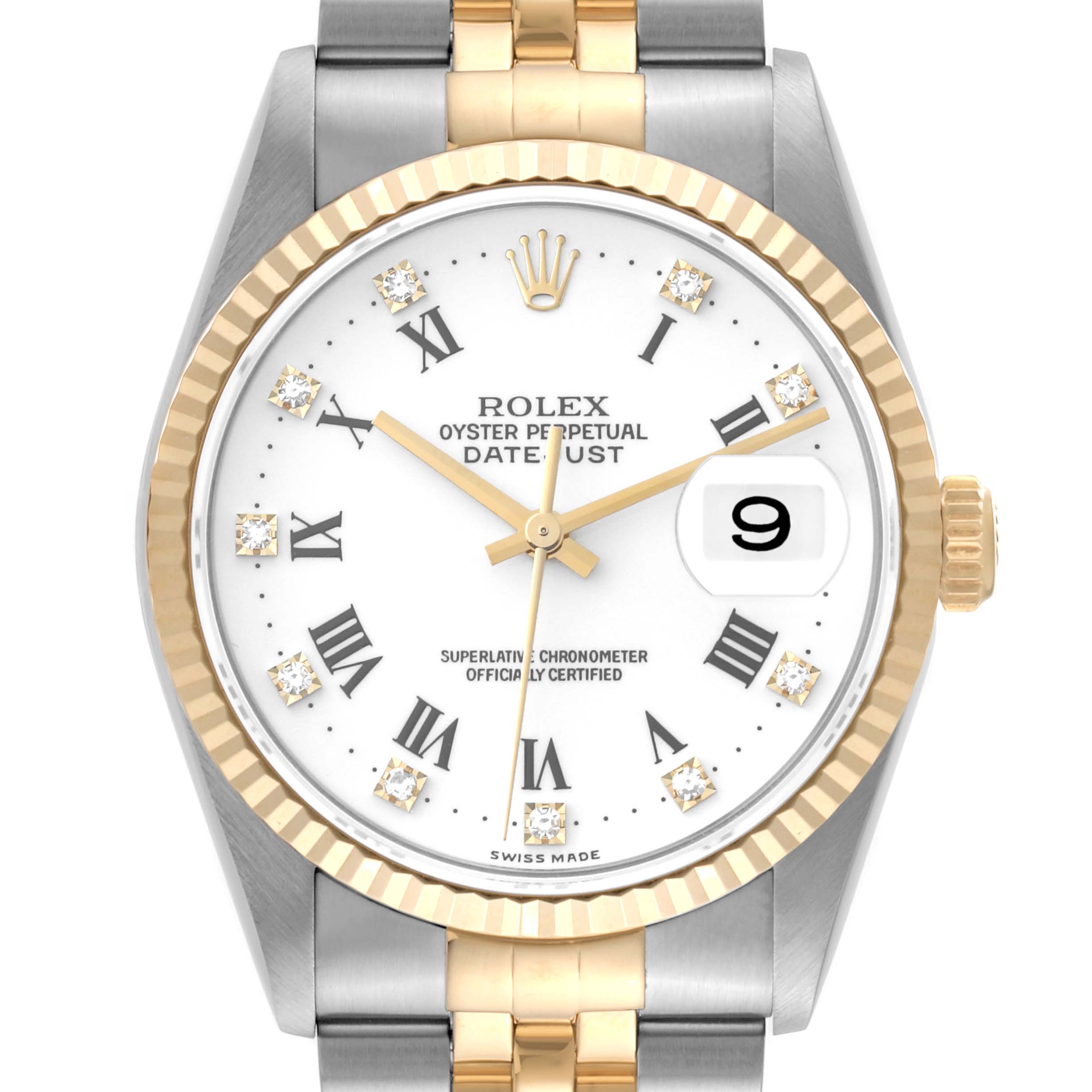 This image shows a front view of a Rolex Datejust 16233 Men's Steel and Gold (two tone) White Dial 16233 Men's Steel and Gold (two tone) White Dial watch, highlighting its dial, hands, bezel, and part of its two-tone bracelet.
