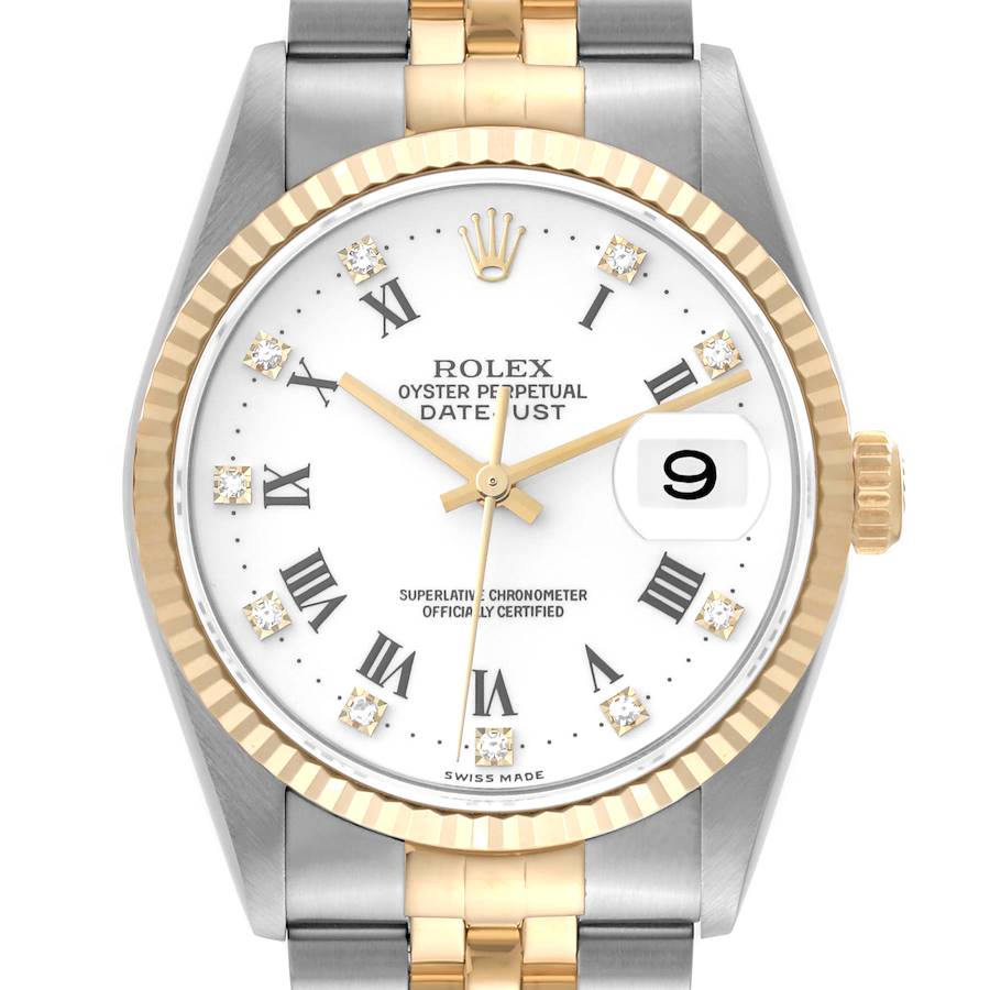 Rolex Datejust Steel Yellow Gold White Diamond Dial Mens Watch 16233 SwissWatchExpo