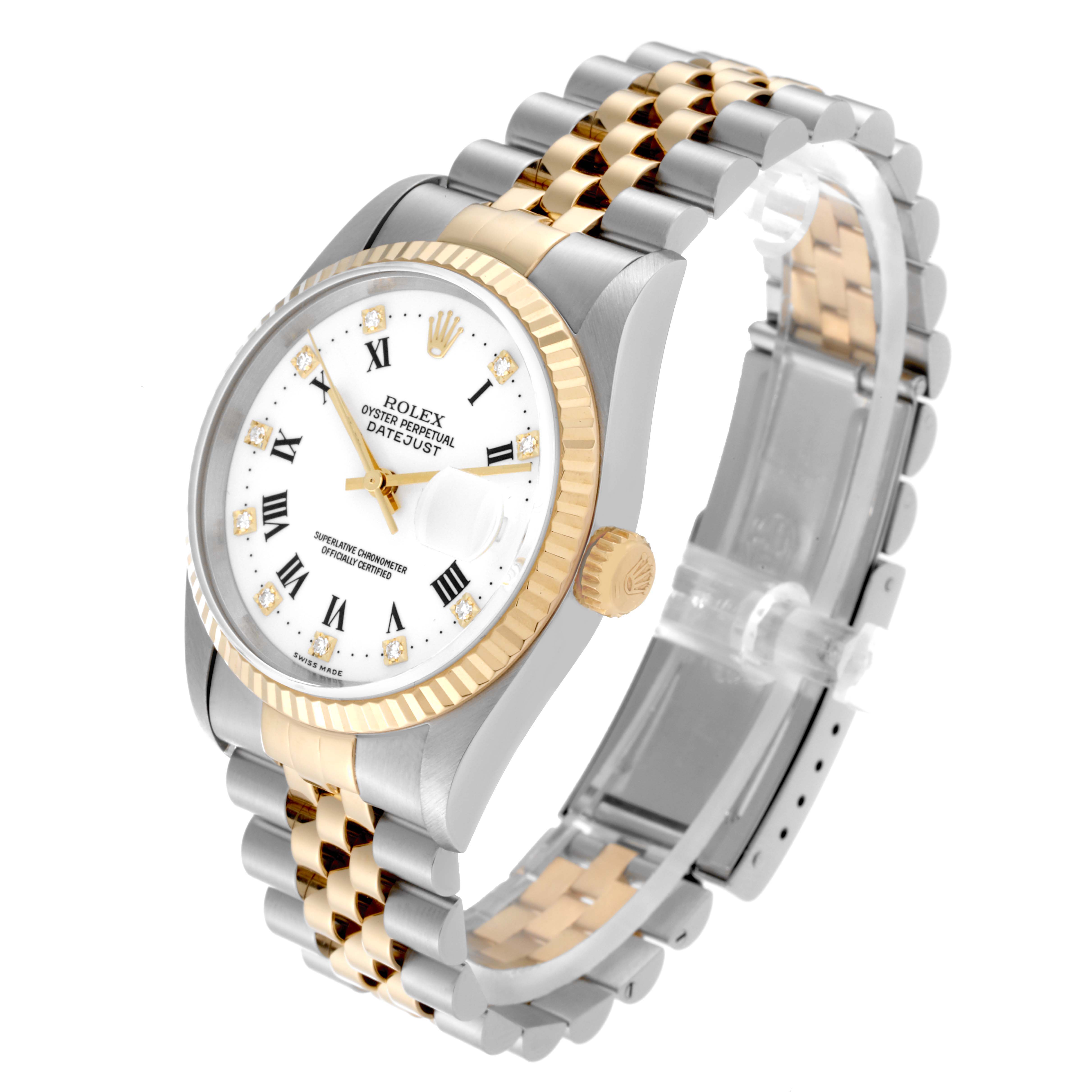 This Rolex Datejust 16233 Men's Steel and Gold (two tone) White Dial 16233 Men's Steel and Gold (two tone) White Dial watch is shown at a three-quarter angle displaying its face, bezel, crown, and two-tone bracelet.