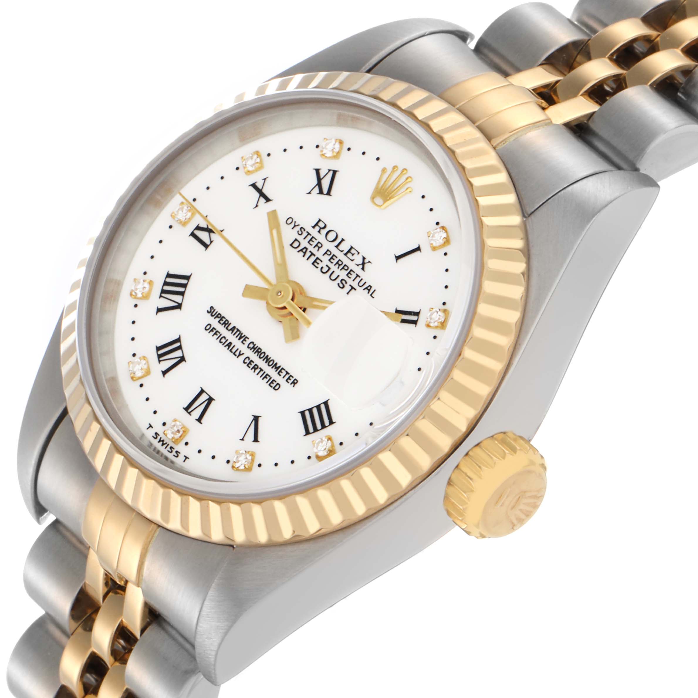 The image shows a Rolex Datejust 69173 Women's Steel and Gold (two tone) White Dial 69173 Women's Steel and Gold (two tone) White Dial watch at a three-quarter angle, highlighting the dial, bezel, crown, and part of the bracelet.