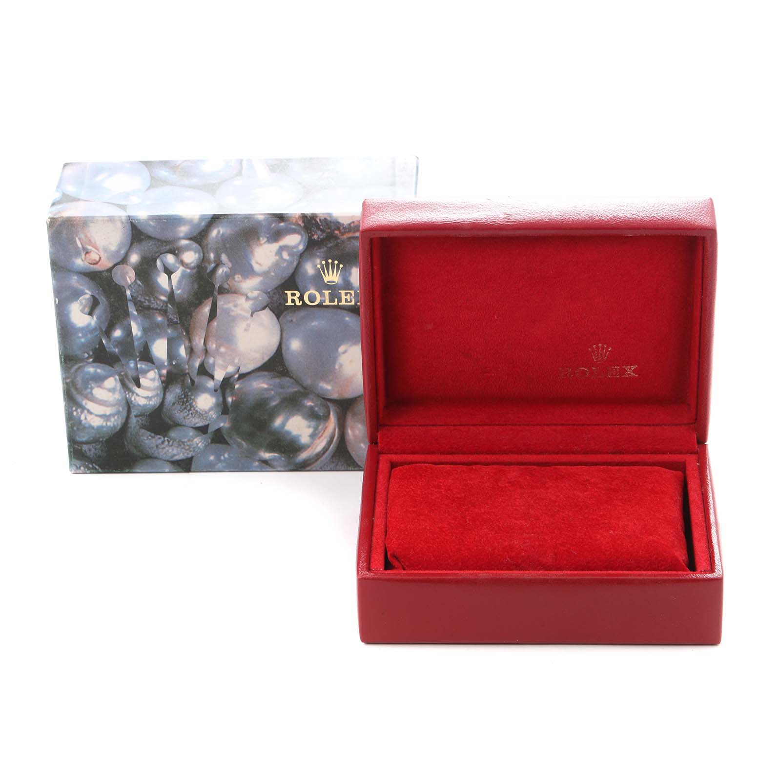 The image shows a red Rolex Datejust 69173 Women's Steel and Gold (two tone) White Dial 69173 Women's Steel and Gold (two tone) White Dial watch box and an outer decorative box, both slightly open with a frontal angle.