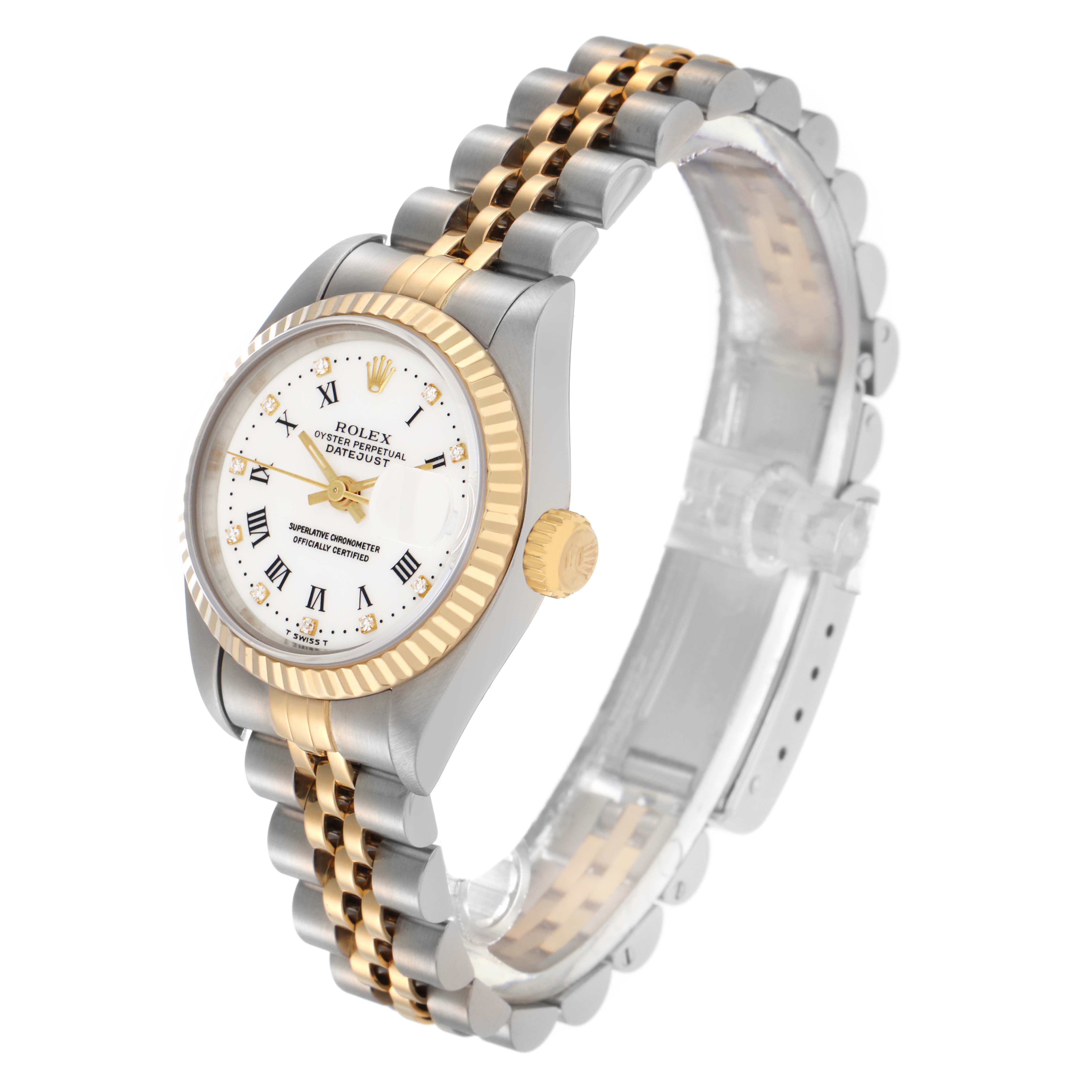The Rolex Datejust 69173 Women's Steel and Gold (two tone) White Dial 69173 Women's Steel and Gold (two tone) White Dial watch is shown at a slight angle, displaying its face, bezel, crown, and bracelet clearly.