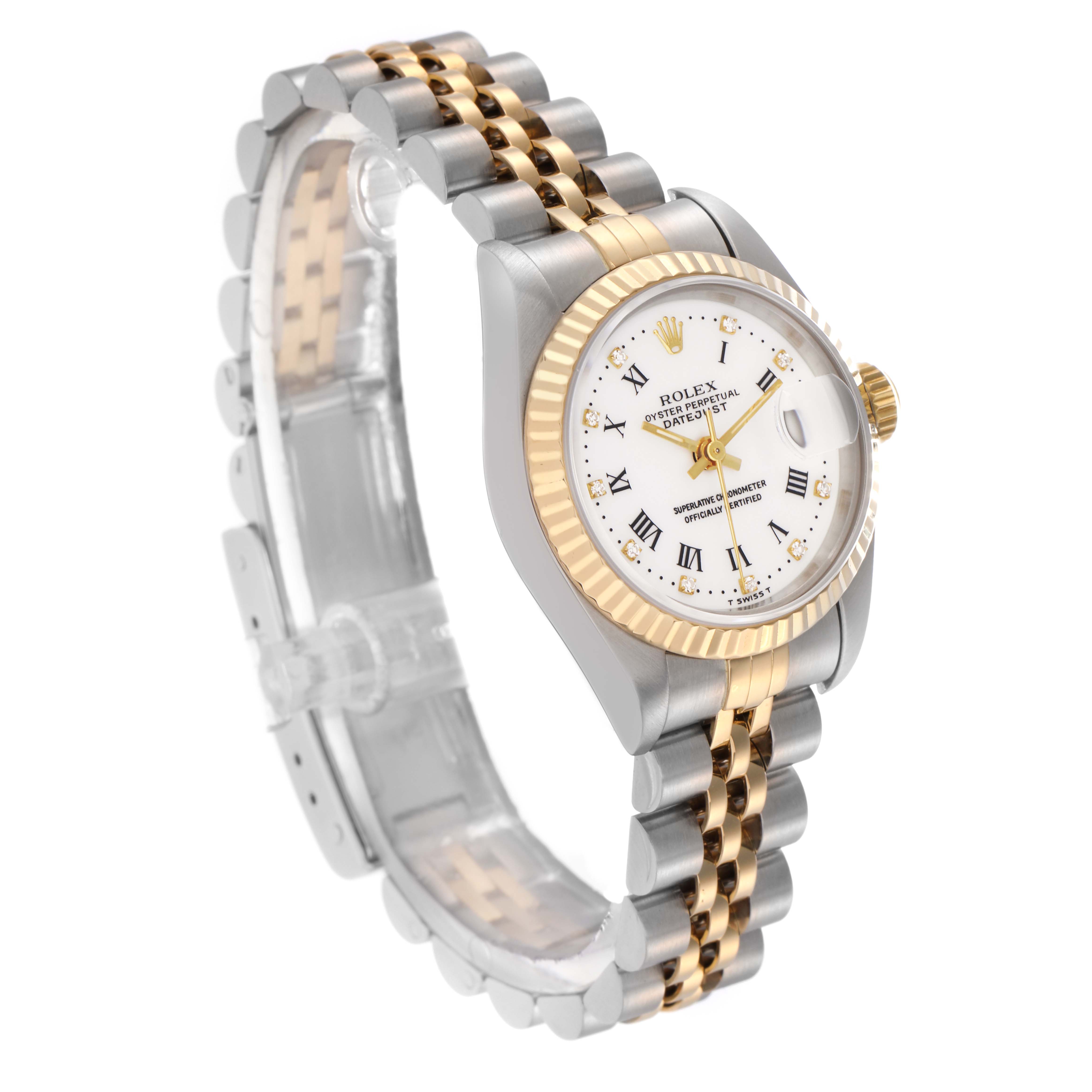 The Rolex Datejust 69173 Women's Steel and Gold (two tone) White Dial 69173 Women's Steel and Gold (two tone) White Dial watch is shown at a three-quarter angle, highlighting the face, bezel, and two-tone bracelet.