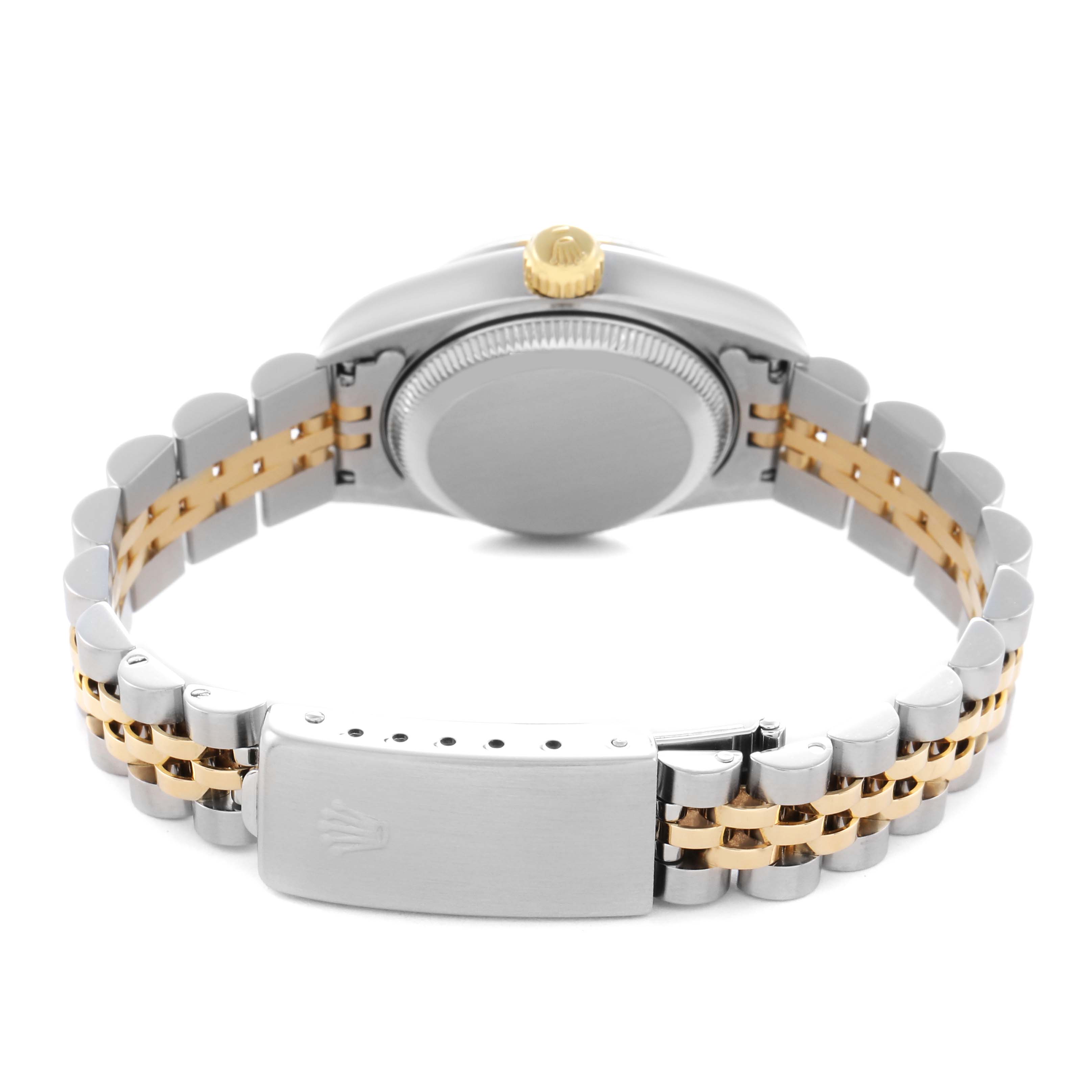 The image shows the back view of a Rolex Datejust 69173 Women's Steel and Gold (two tone) White Dial 69173 Women's Steel and Gold (two tone) White Dial watch, highlighting the case back, crown, and two-tone bracelet with the clasp.