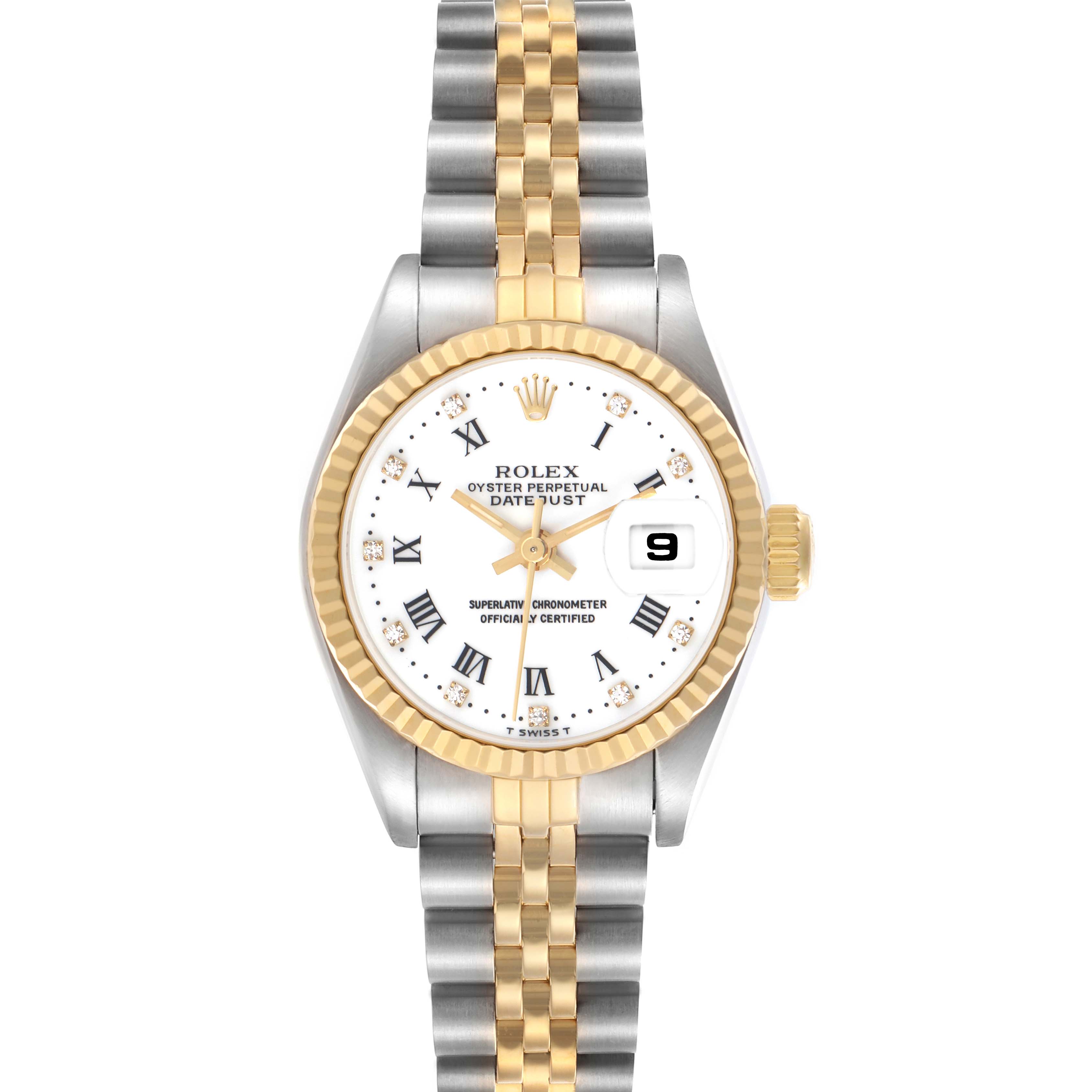 The Rolex Datejust 69173 Women's Steel and Gold (two tone) White Dial 69173 Women's Steel and Gold (two tone) White Dial watch is shown from a top view, displaying the dial, bezel, crown, and two-tone bracelet.