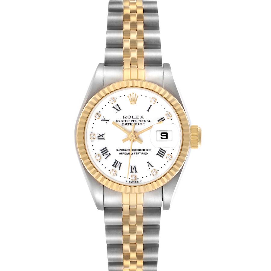 The Rolex Datejust watch is shown from a top view, displaying the dial, bezel, crown, and two-tone bracelet.