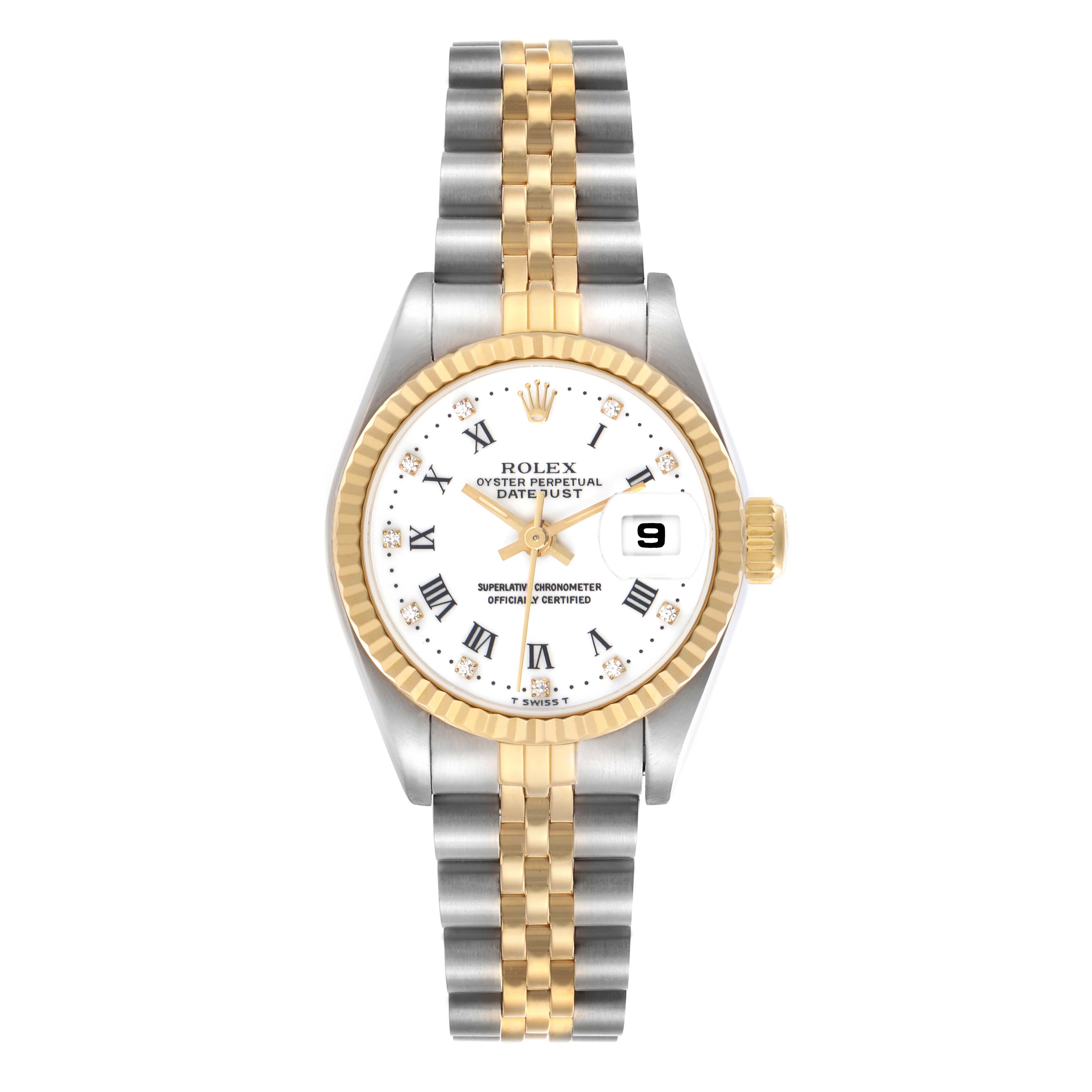 The Rolex Datejust 69173 Women's Steel and Gold (two tone) White Dial 69173 Women's Steel and Gold (two tone) White Dial watch is shown from the front, highlighting the dial, bezel, bracelet, and date window.
