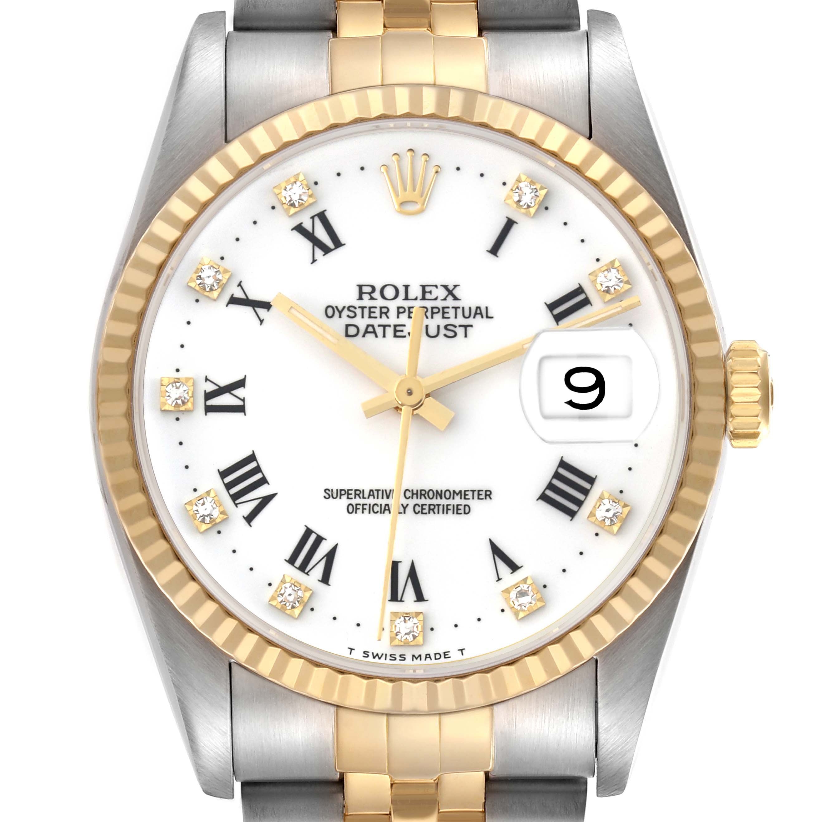 The Rolex Datejust 16233 Men
s Steel and Gold (two tone) White Dial 16233 Men
s Steel and Gold (two tone) White Dial watch is shown in a close-up frontal angle, highlighting the dial, bezel, and part of the bracelet.