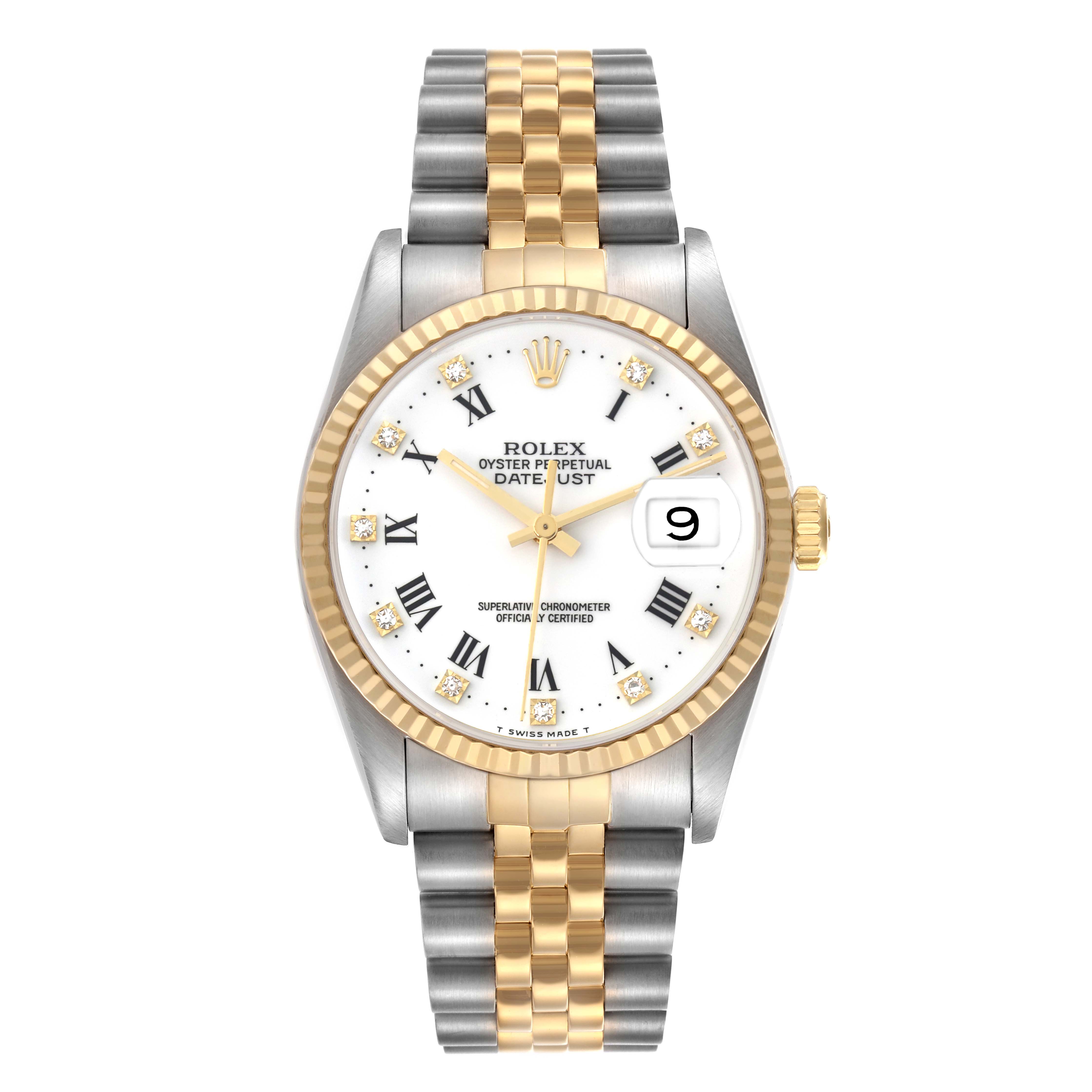 The Rolex Datejust 16233 Men
s Steel and Gold (two tone) White Dial 16233 Men
s Steel and Gold (two tone) White Dial watch is shown from a frontal angle, highlighting the dial, bezel, and two-tone bracelet.