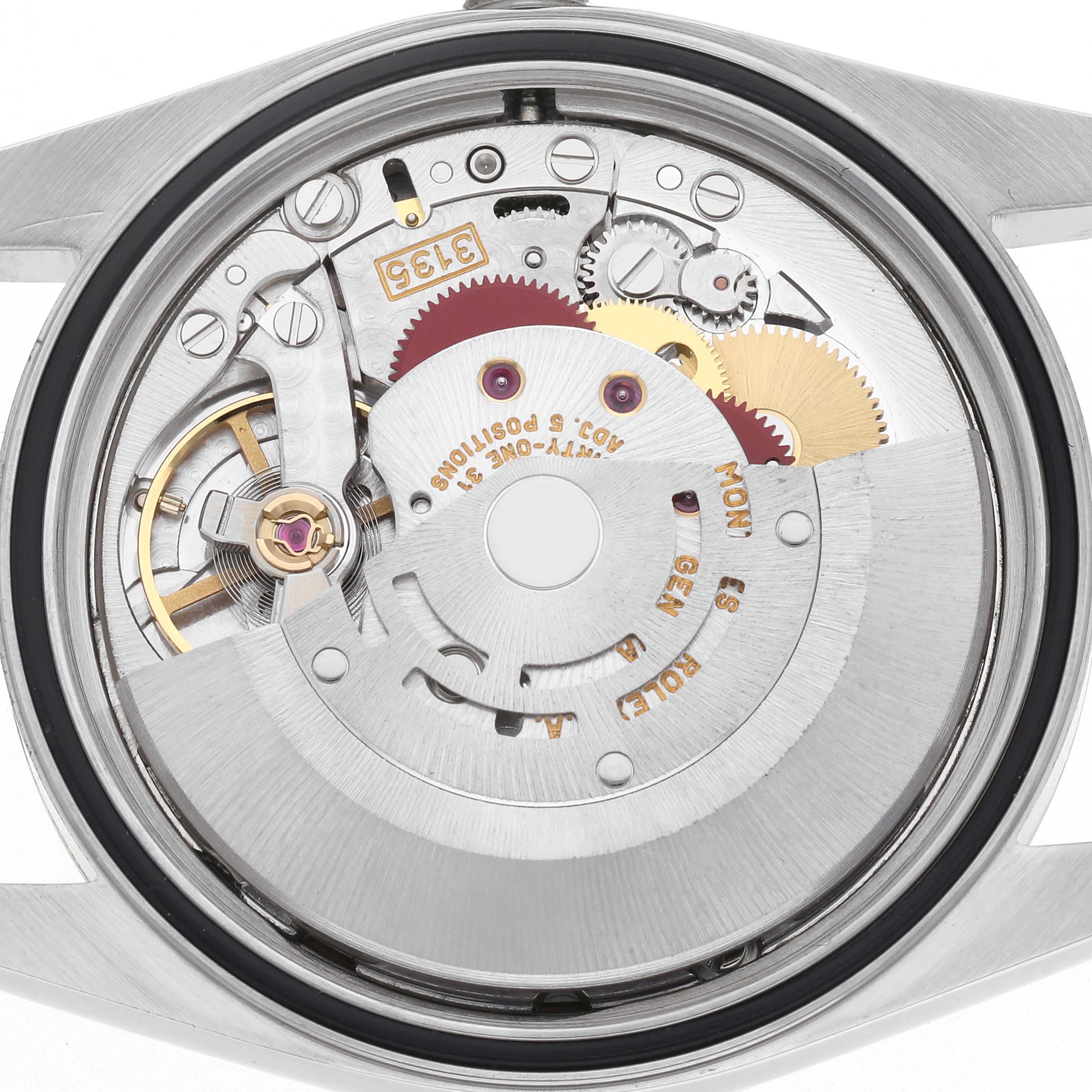 The image shows the movement mechanism of a Rolex Datejust 16233 Men
s Steel and Gold (two tone) White Dial 16233 Men
s Steel and Gold (two tone) White Dial, viewed from the back.