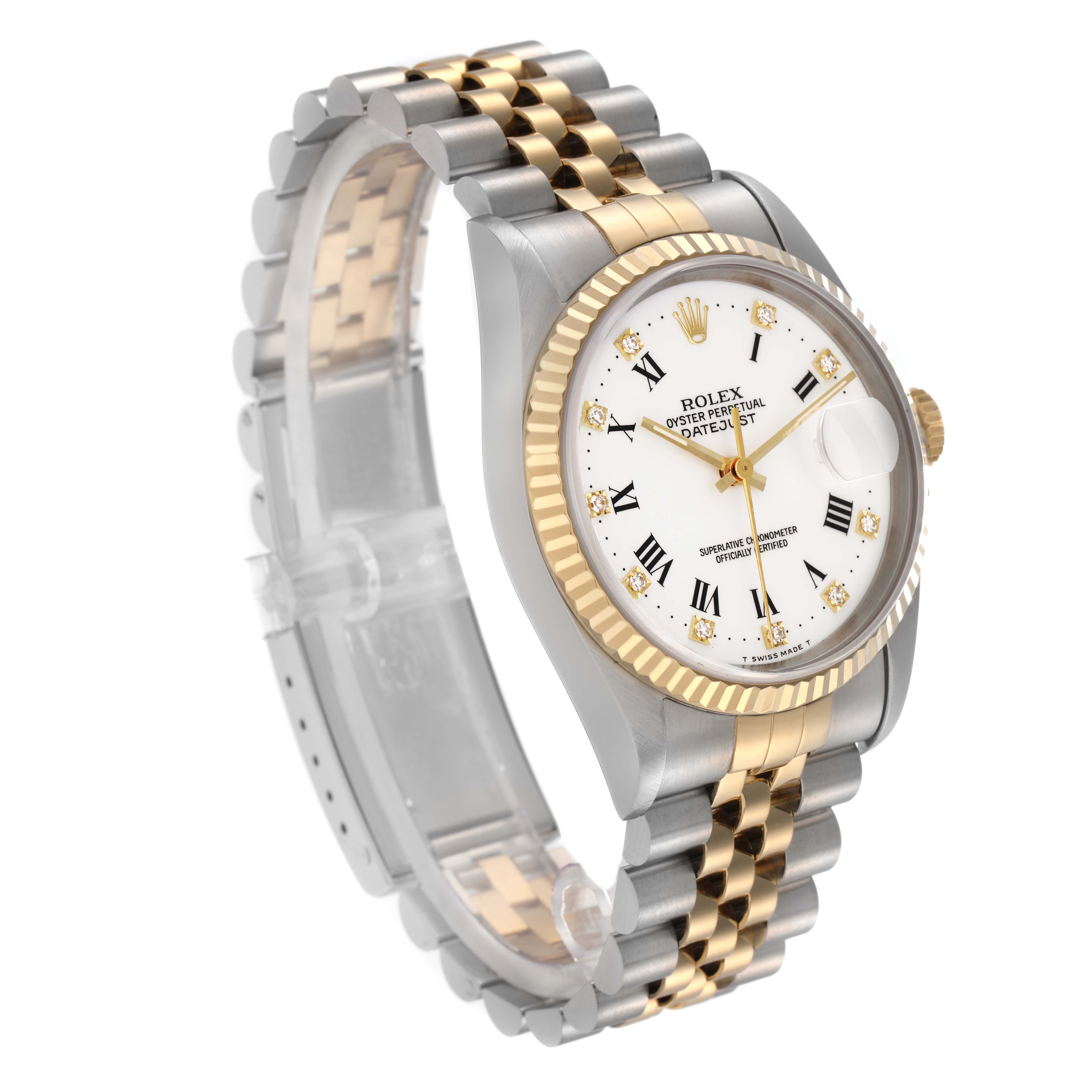 The Rolex Datejust 16233 Men
s Steel and Gold (two tone) White Dial 16233 Men
s Steel and Gold (two tone) White Dial watch is shown at a three-quarter angle, displaying the face, bracelet, and fluted bezel.
