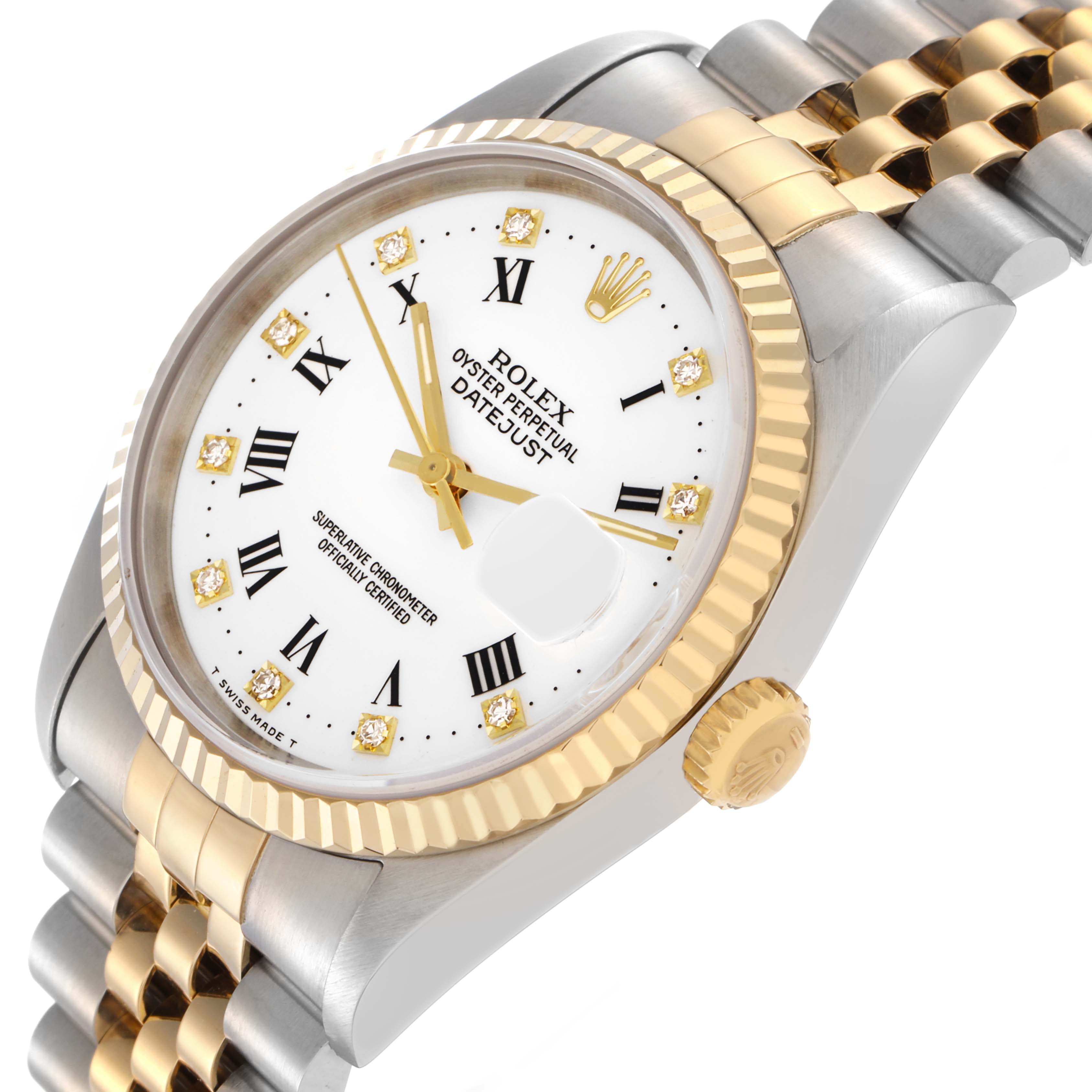 The Rolex Datejust 16233 Men
s Steel and Gold (two tone) White Dial 16233 Men
s Steel and Gold (two tone) White Dial watch is shown at a three-quarter angle, highlighting the dial, bezel, crown, and part of the bracelet.