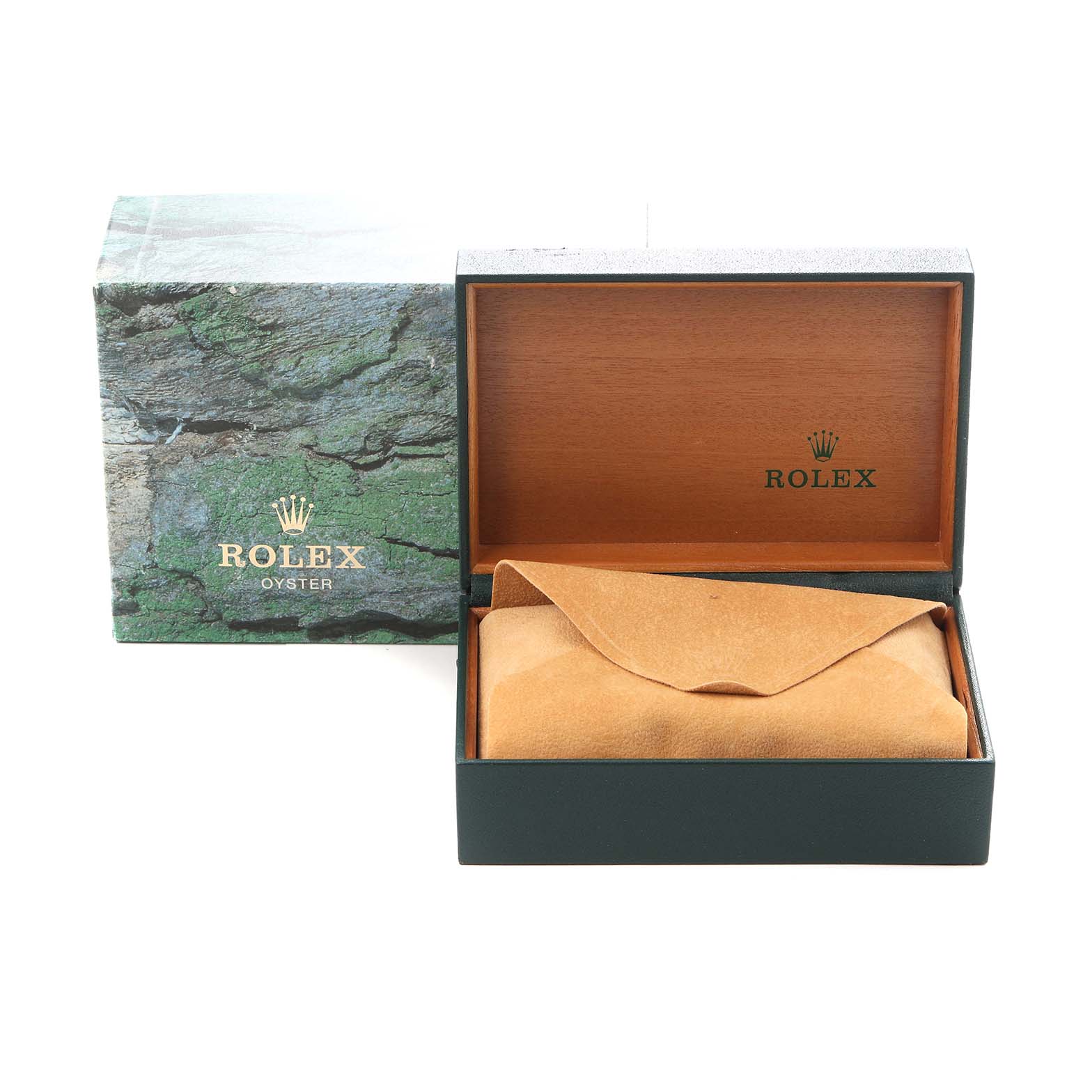 The image shows a Rolex Datejust 16233 Men
s Steel and Gold (two tone) White Dial 16233 Men
s Steel and Gold (two tone) White Dial presentation box and sleeve, with the box open to reveal a suede pouch inside.