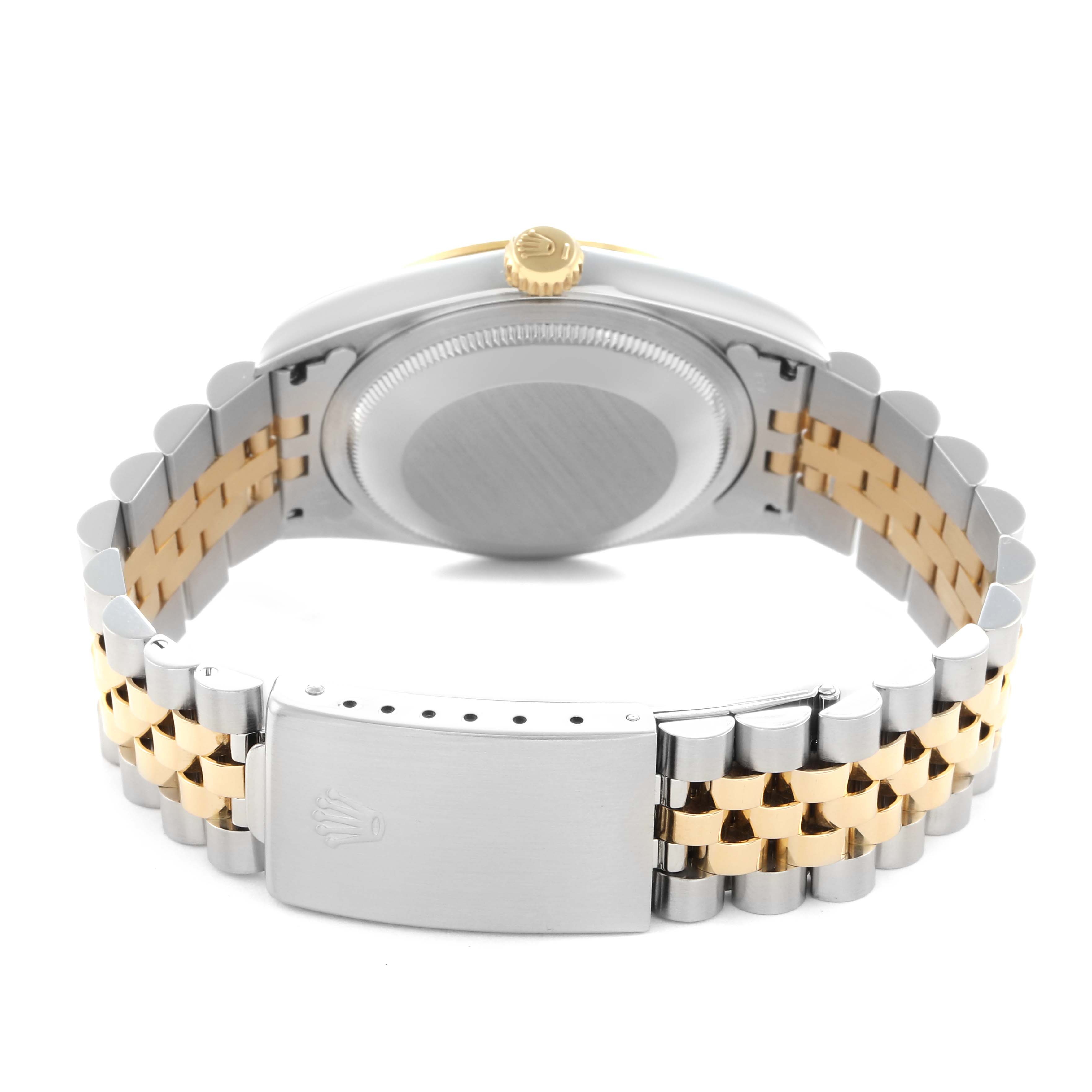 The Rolex Datejust 16233 Men
s Steel and Gold (two tone) White Dial 16233 Men
s Steel and Gold (two tone) White Dial watch is shown from the back, highlighting the case back, bracelet, and clasp.