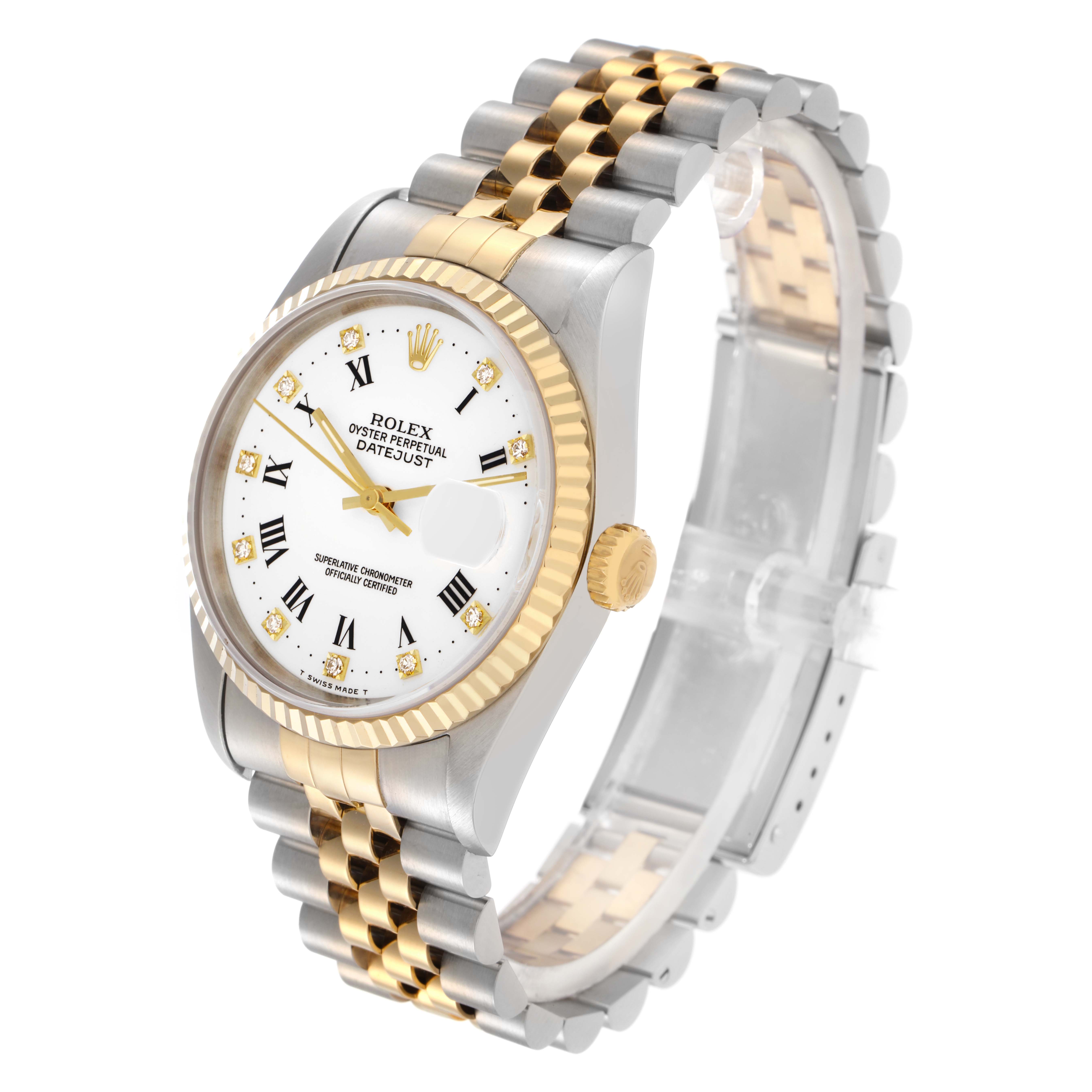 The Rolex Datejust 16233 Men
s Steel and Gold (two tone) White Dial 16233 Men
s Steel and Gold (two tone) White Dial watch is shown at a three-quarter angle, displaying the face, crown, and two-tone bracelet.