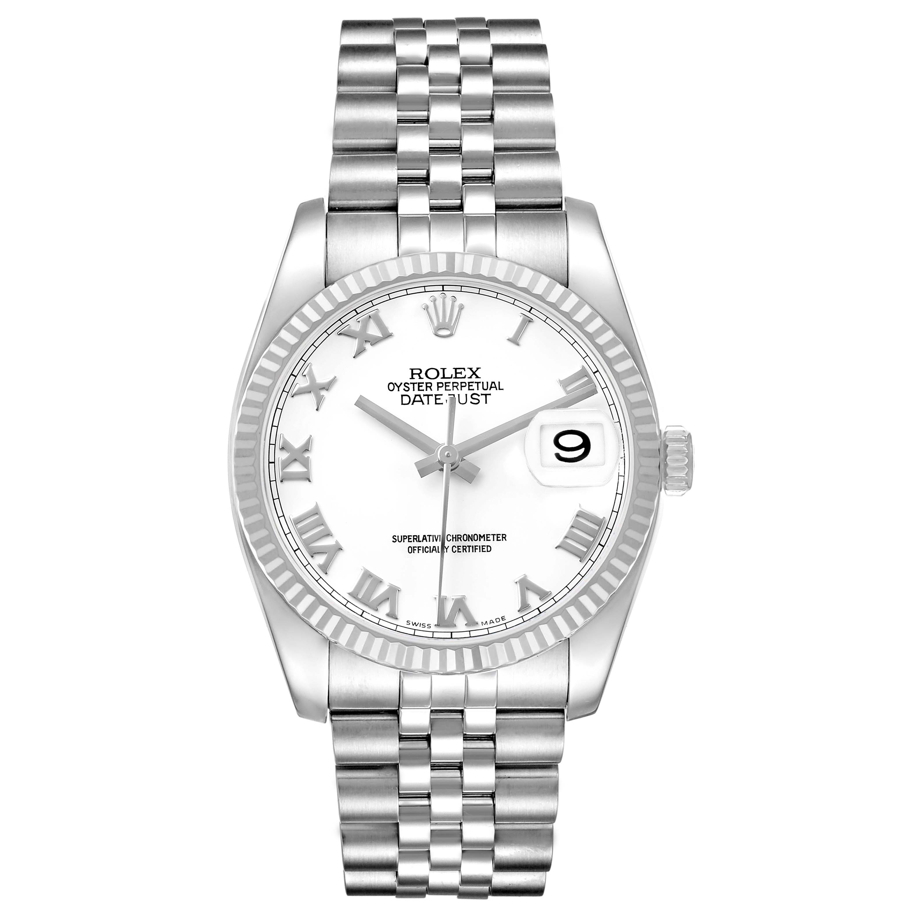 The Rolex Datejust 116234 Men's Stainless Steel White Dial watch is shown from the front, featuring its dial, bezel, crown, and bracelet.