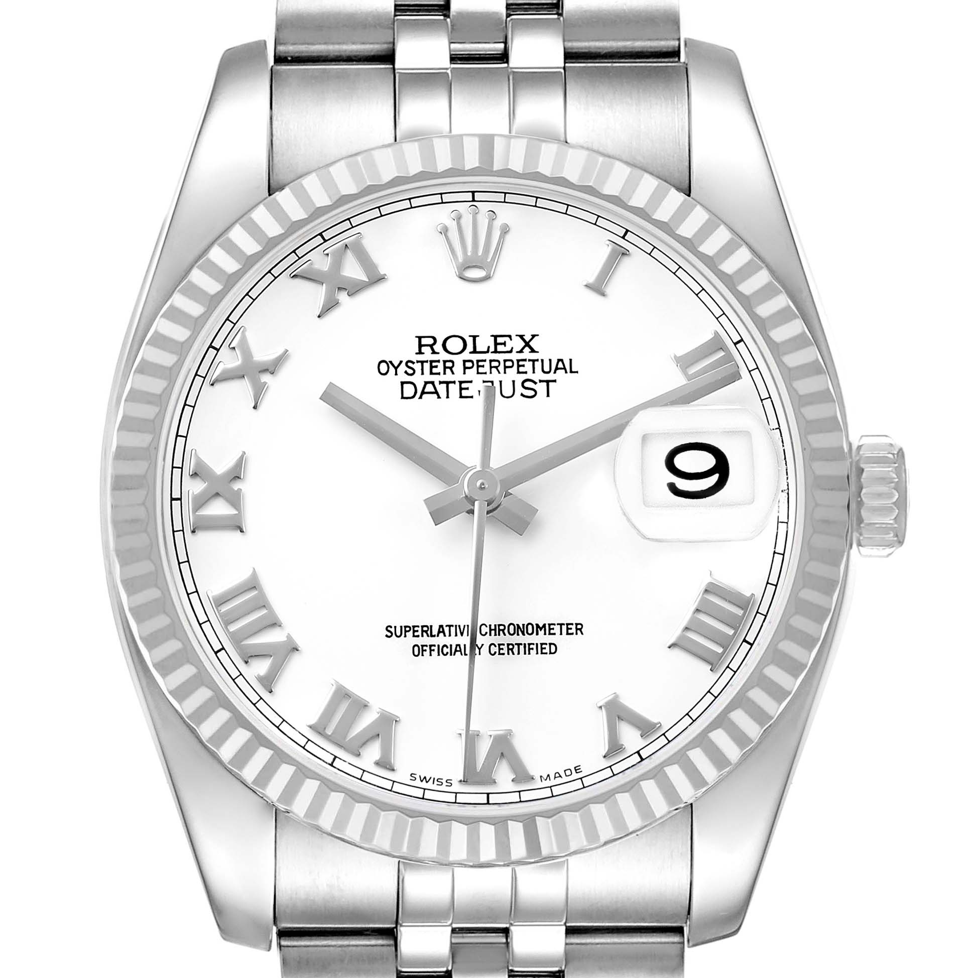 The Rolex Datejust 116234 Men's Stainless Steel White Dial watch is shown from the front, displaying the dial, bezel, crown, and part of the bracelet.