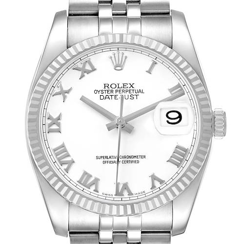 The Rolex Datejust 116234 Men's Stainless Steel White Dial watch is shown from the front, highlighting its dial, bezel, and metal bracelet.