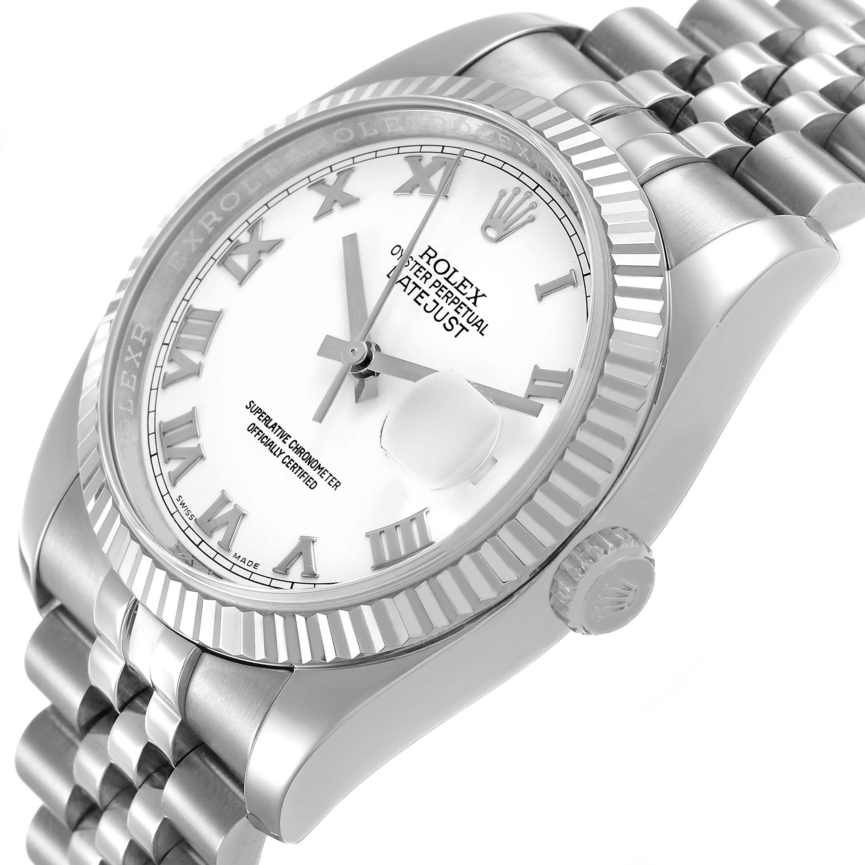 The Rolex Datejust 116234 Men's Stainless Steel White Dial watch is shown from an angled side view, highlighting its fluted bezel, crown, and Jubilee bracelet.