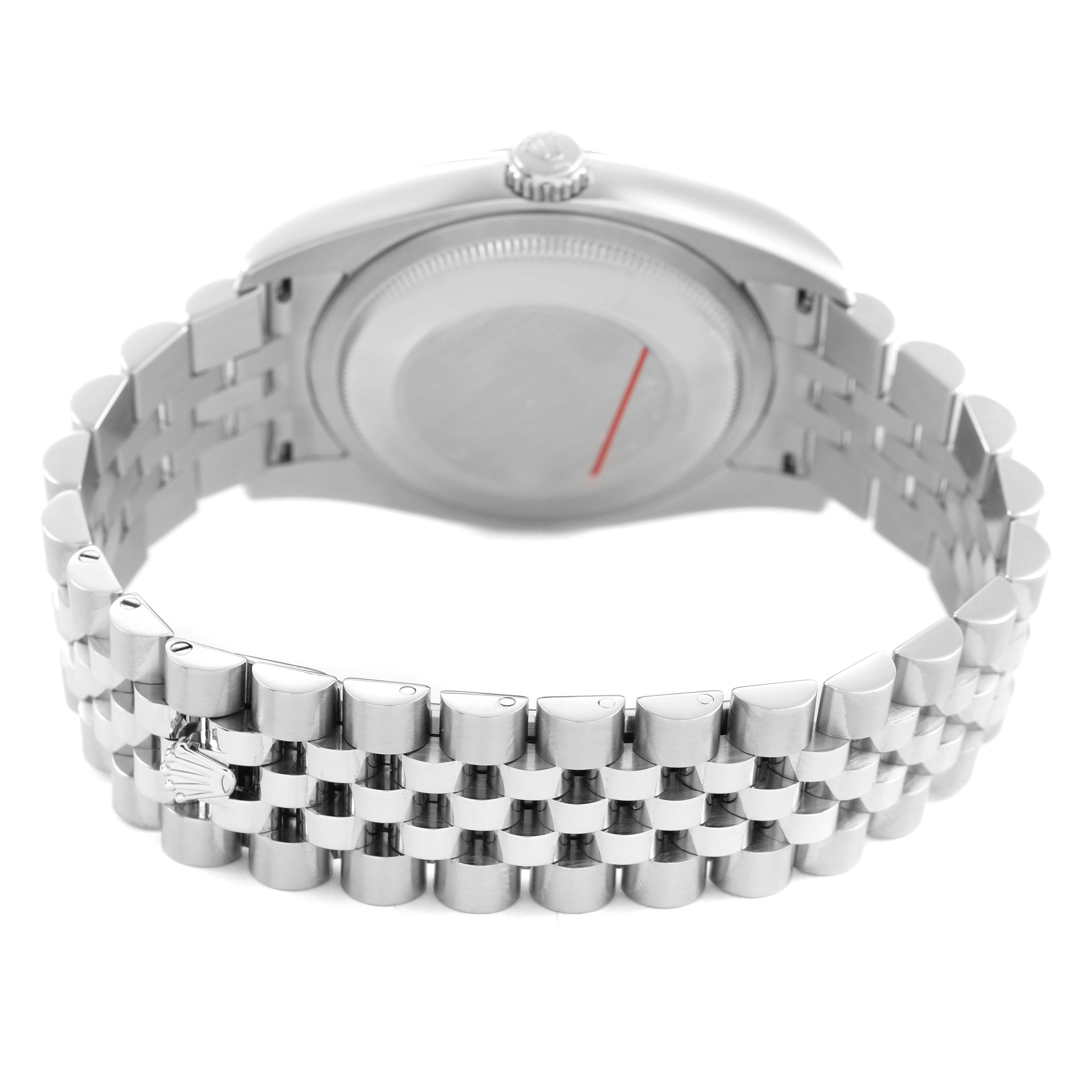 The image shows the back view of a Rolex Datejust 116234 Men's Stainless Steel White Dial, featuring the case back and jubilee bracelet.