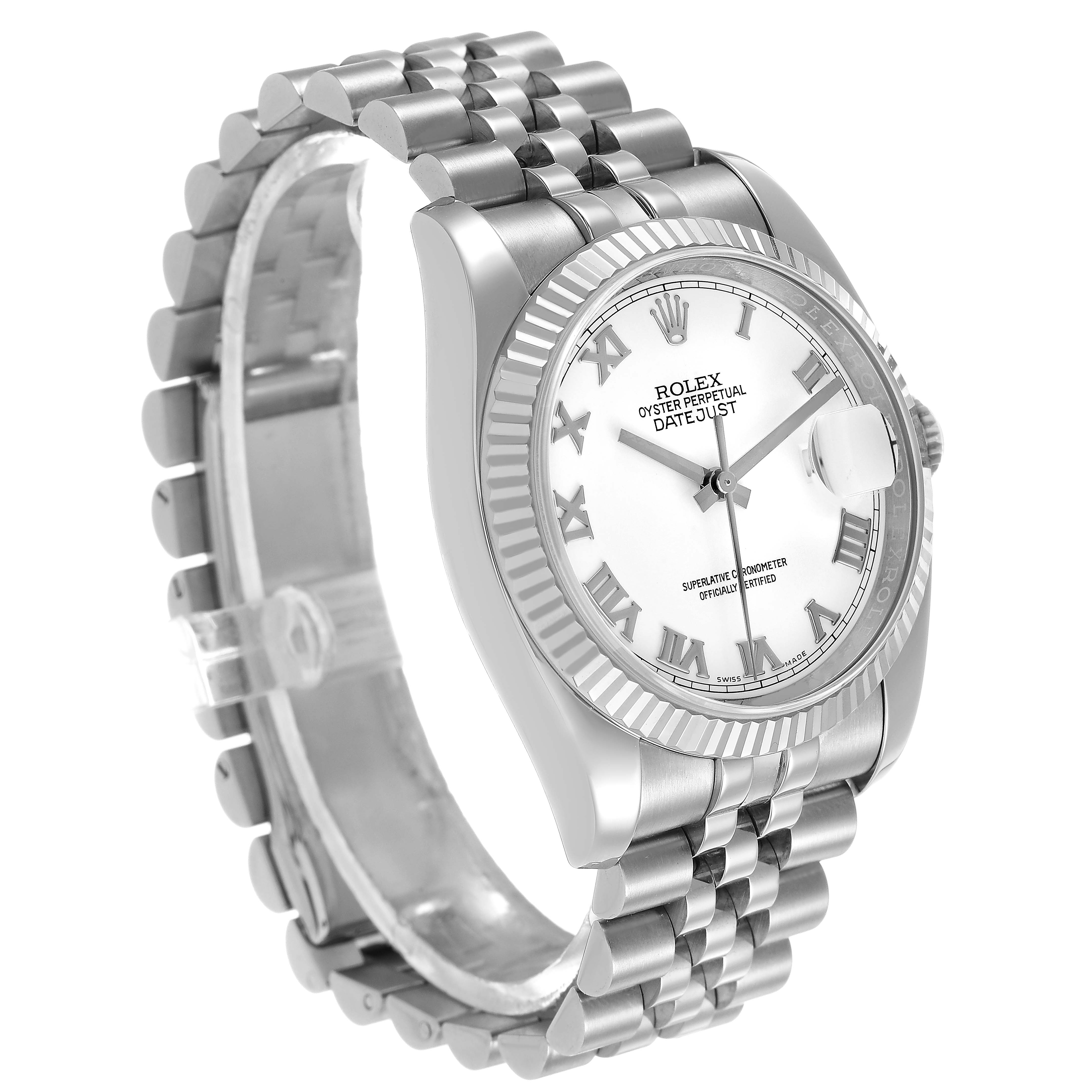 The Rolex Datejust 116234 Men's Stainless Steel White Dial watch is shown at a three-quarter angle, highlighting its dial, bezel, and bracelet.