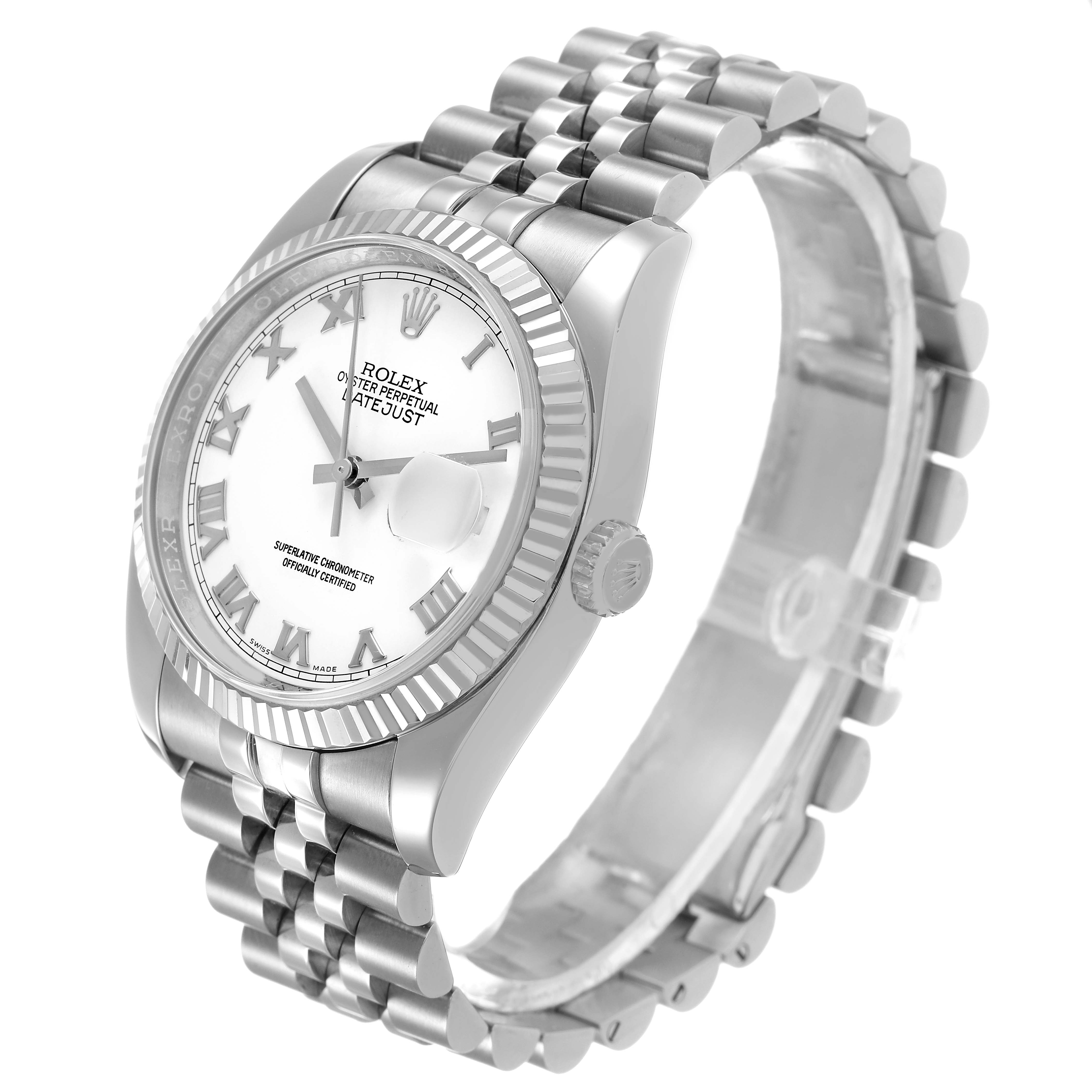 The Rolex Datejust 116234 Men's Stainless Steel White Dial watch is shown at a three-quarter angle highlighting the bezel, dial, case, bracelet, and crown.