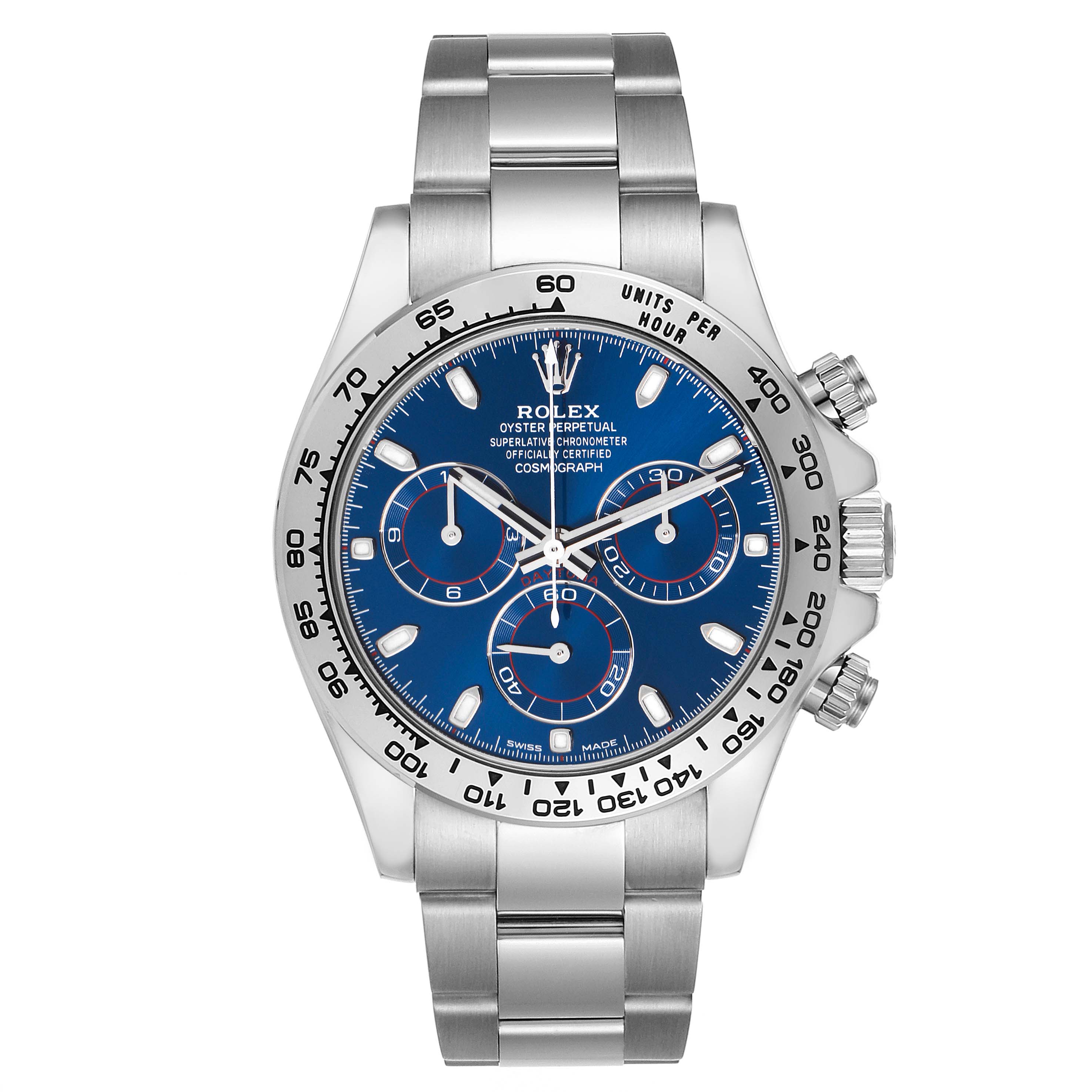 The Rolex Daytona 116509 Men
s White Gold Blue Dial 116509 Men
s White Gold Blue Dial watch is shown from a front angle, displaying the dial, subdials, bezel with tachymetric scale, and bracelet.