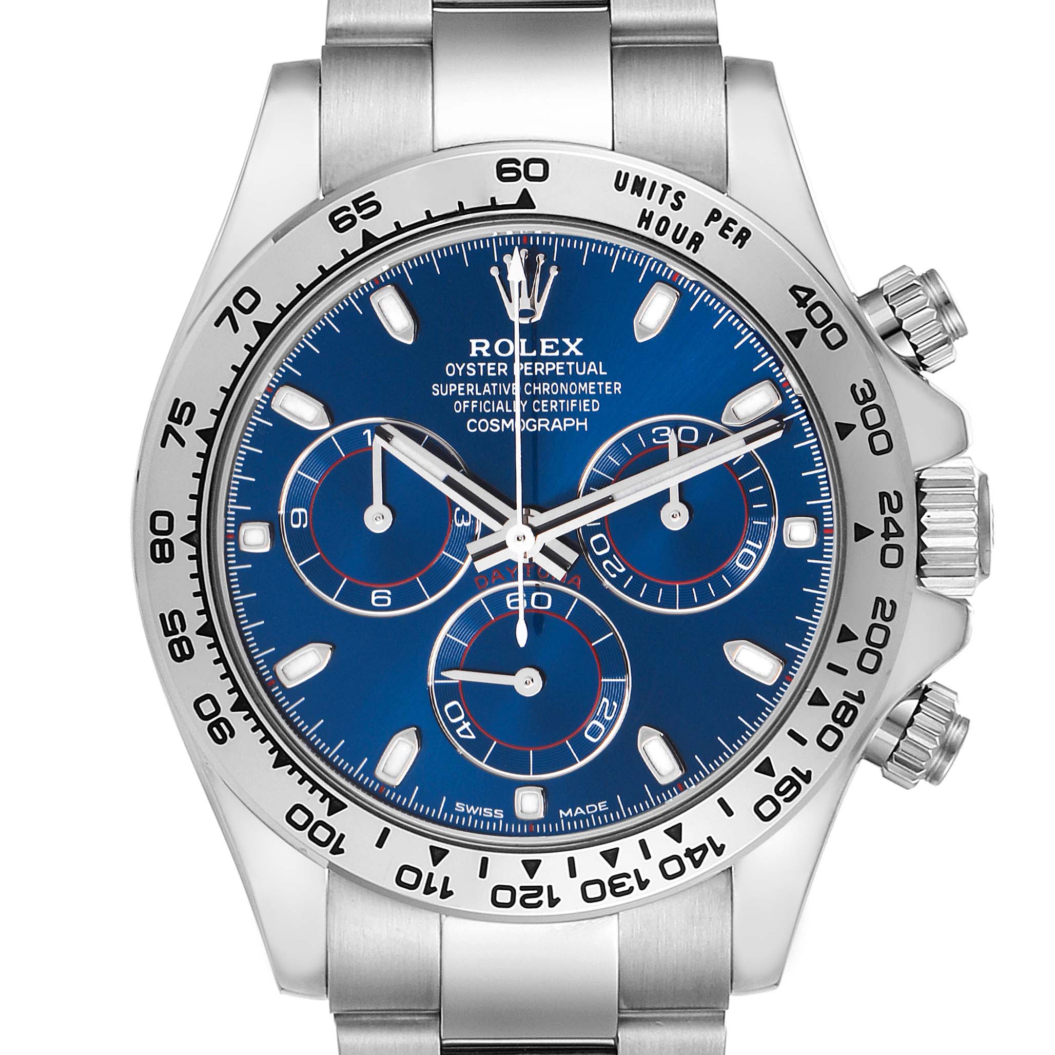 The Rolex Daytona 116509 Men
s White Gold Blue Dial 116509 Men
s White Gold Blue Dial watch is shown from the front, highlighting the dial, bezel, and pushers.