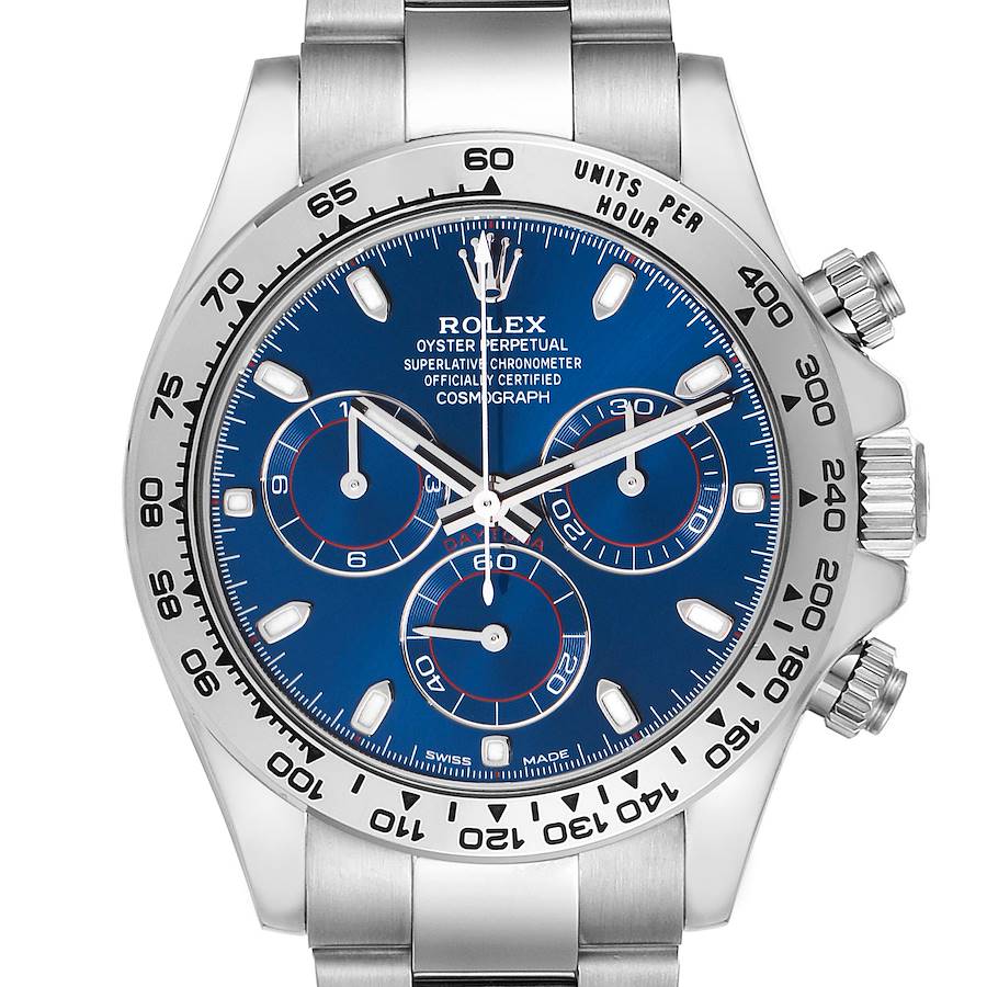 The Rolex Daytona watch is shown from the front, highlighting the dial, bezel, and pushers.