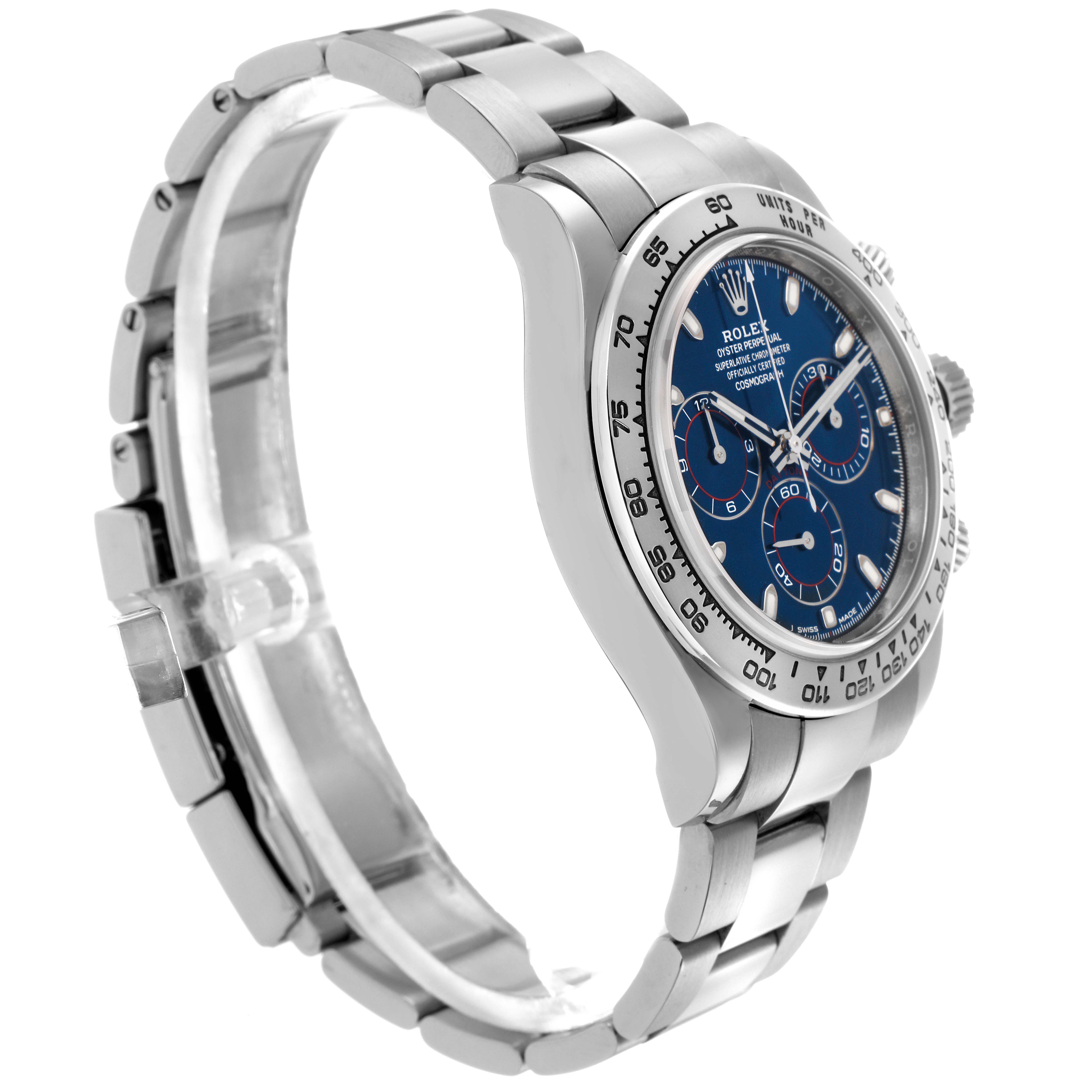 The Rolex Daytona 116509 Men
s White Gold Blue Dial 116509 Men
s White Gold Blue Dial watch is shown at a side angle, highlighting its bracelet, case, and bezel.